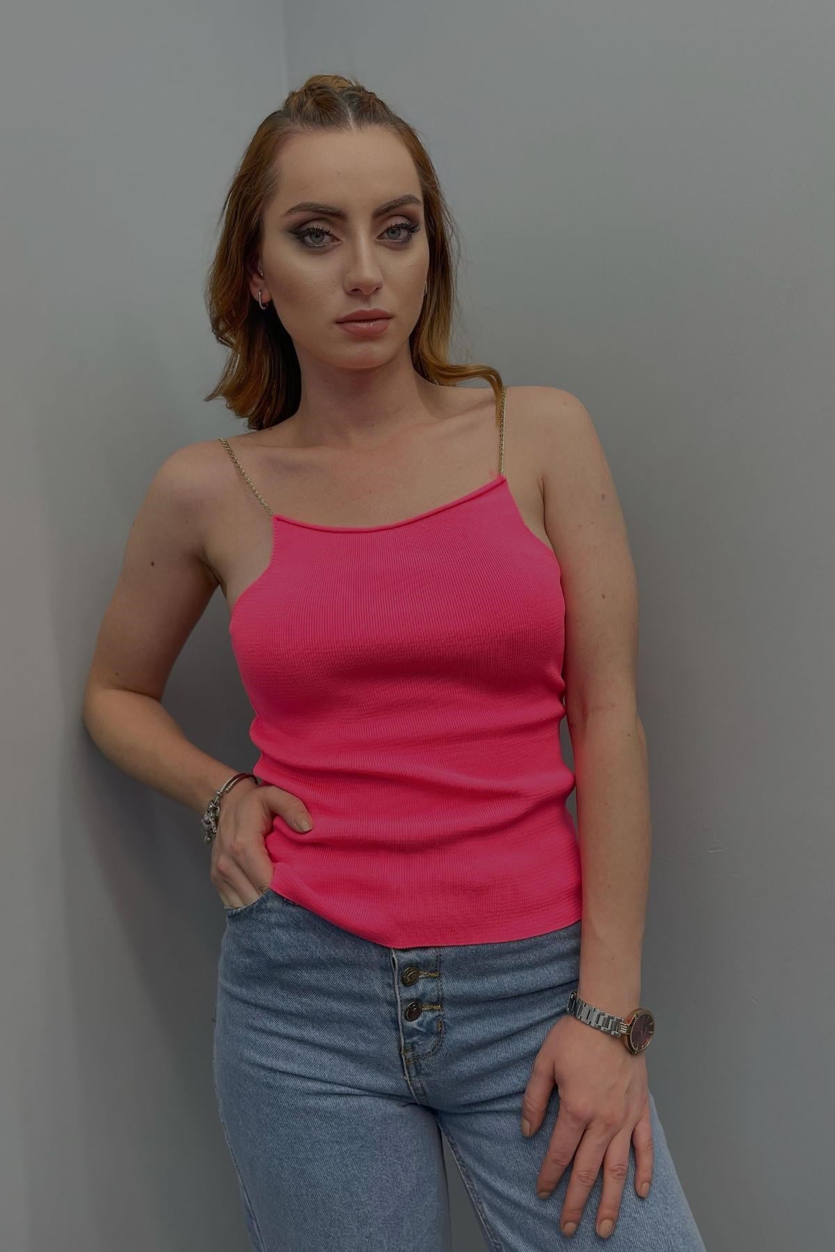 Kadın Zincir Askılı Triko Bluz Fuşya