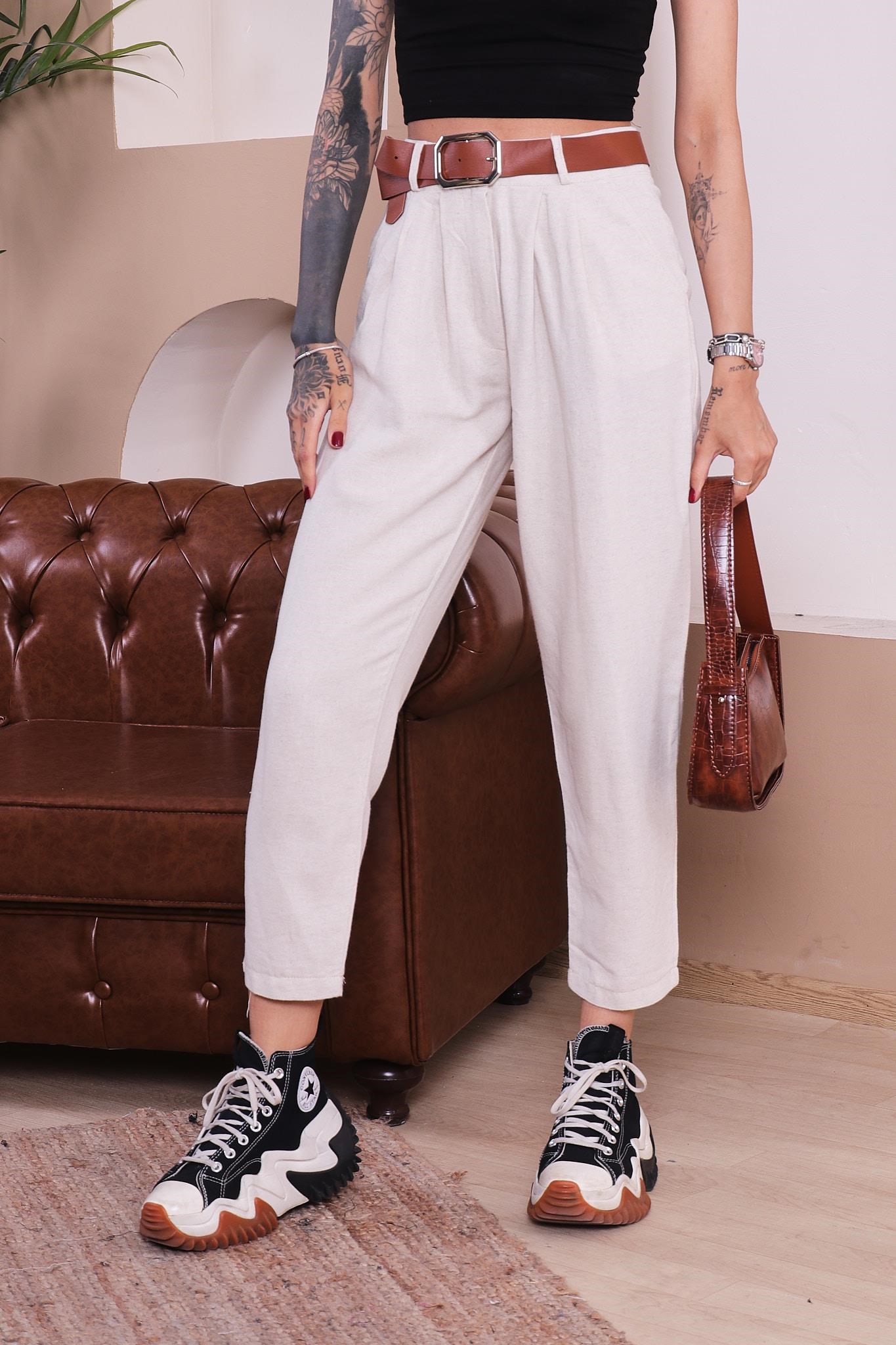 Kemerli Keten Pantolon