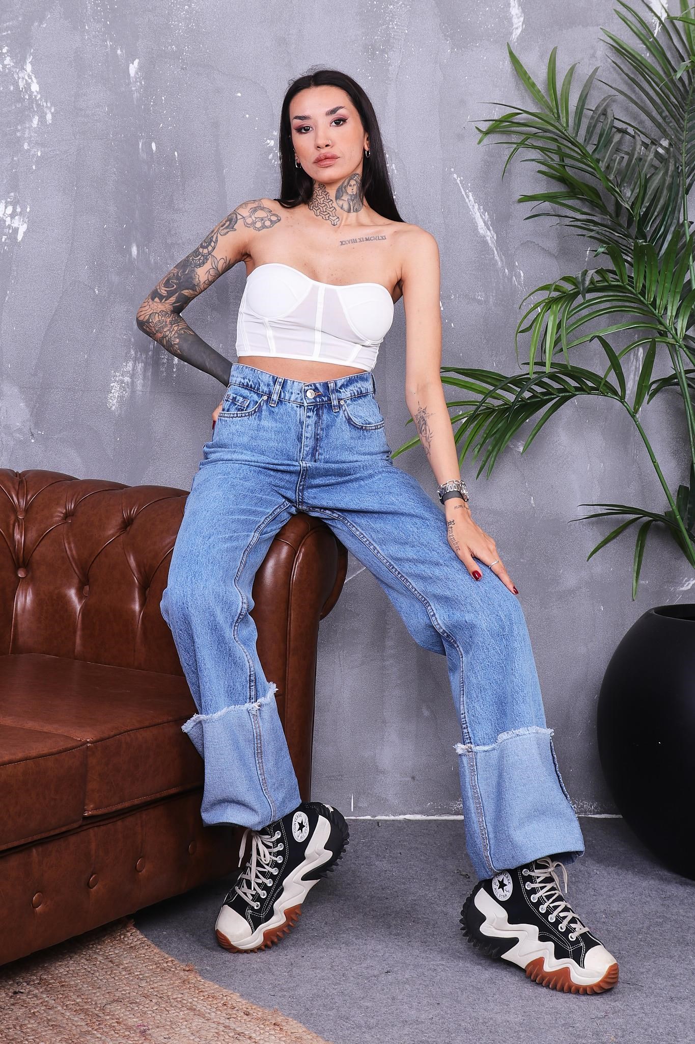 Paça Kıvırmalı Flare Jean Pantolon