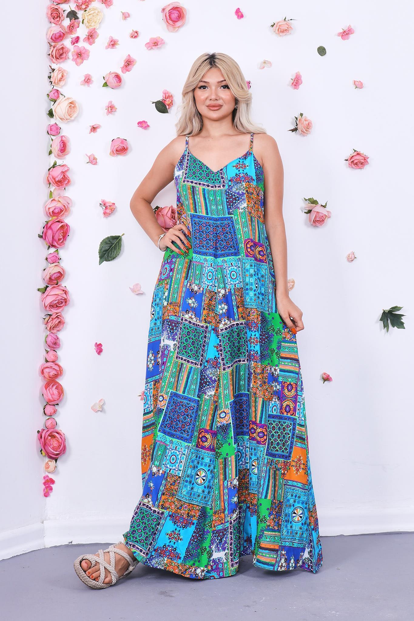 Patchwork Desen Askılı Elbise