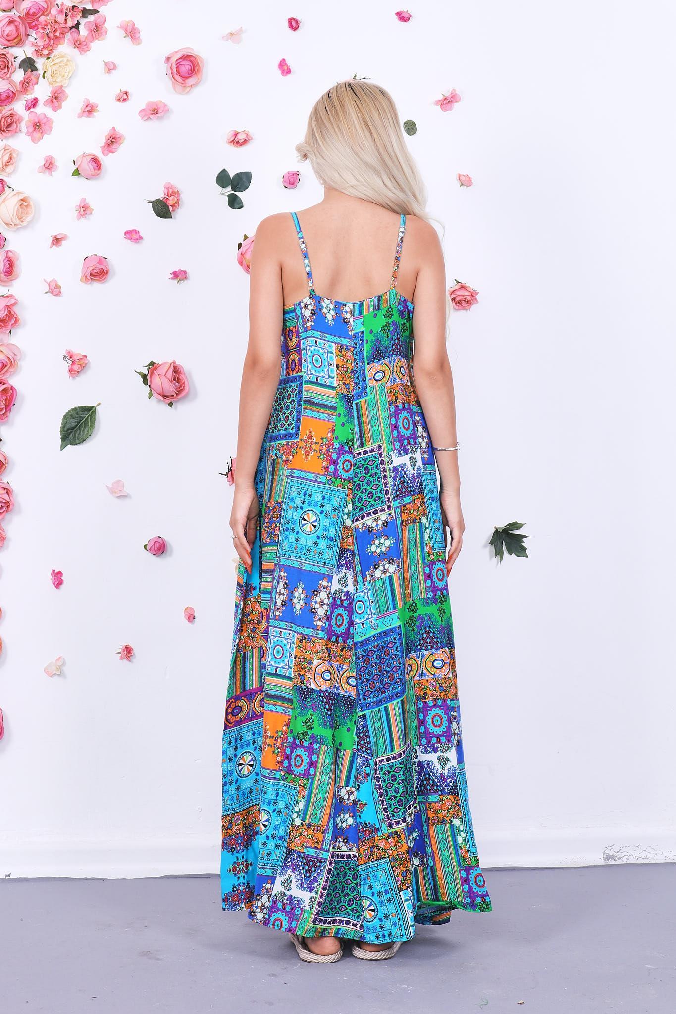 Patchwork Desen Askılı Elbise