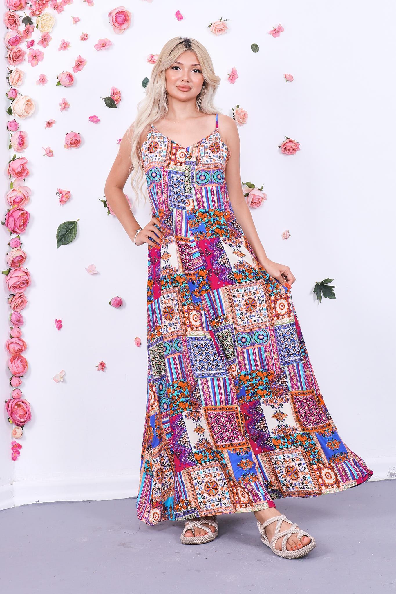 Patchwork Desen Askılı Elbise