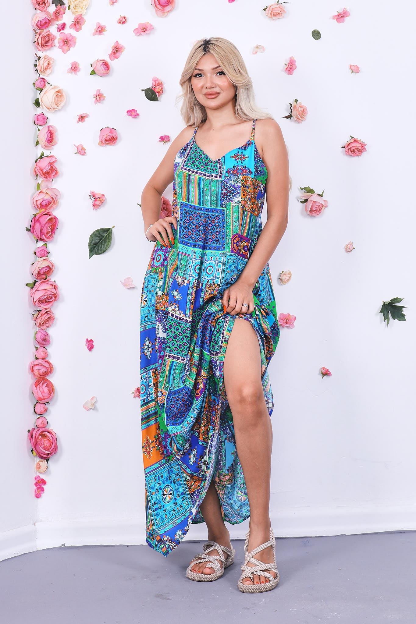 Patchwork Desen Askılı Elbise