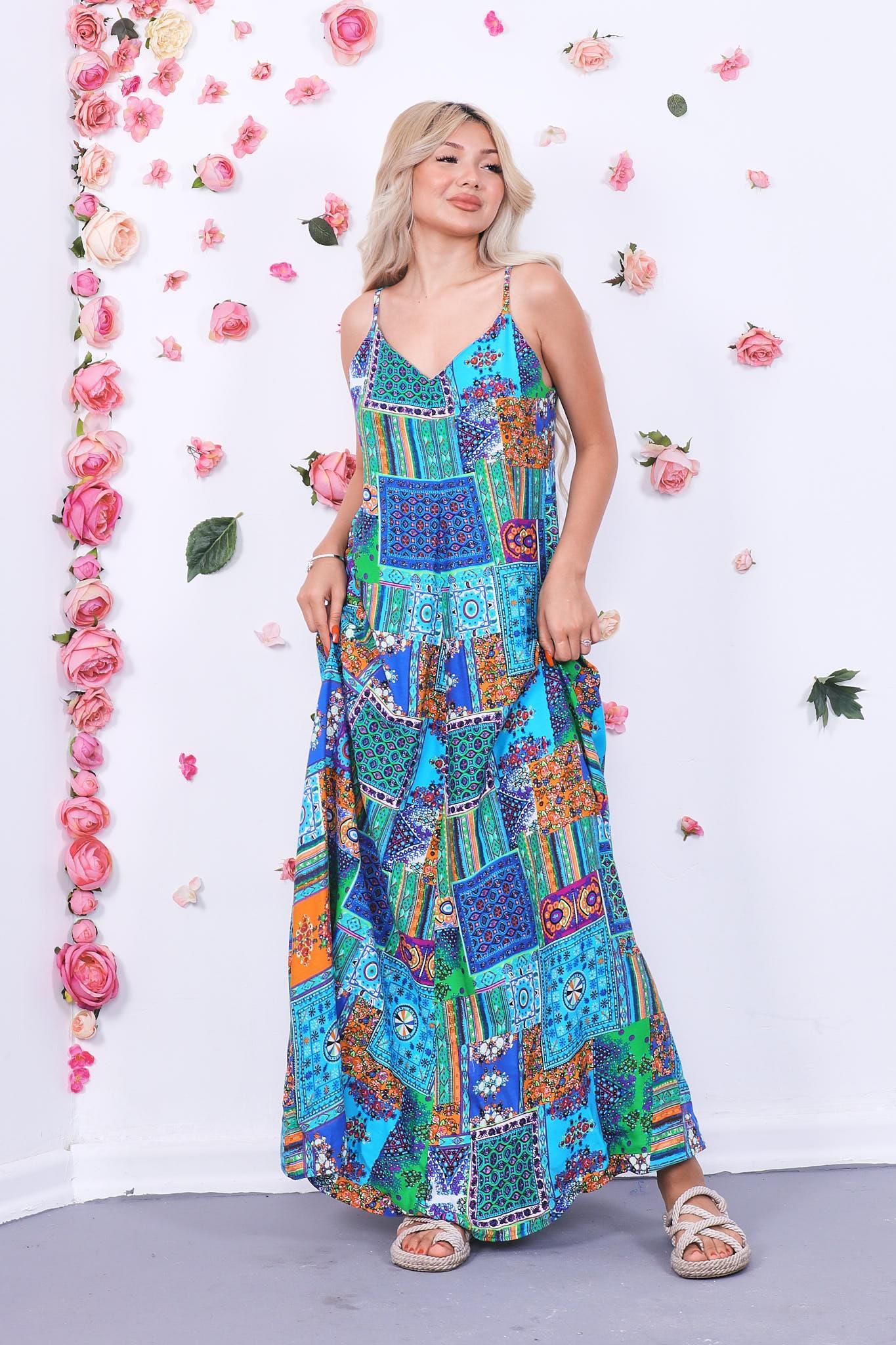 Patchwork Desen Askılı Elbise