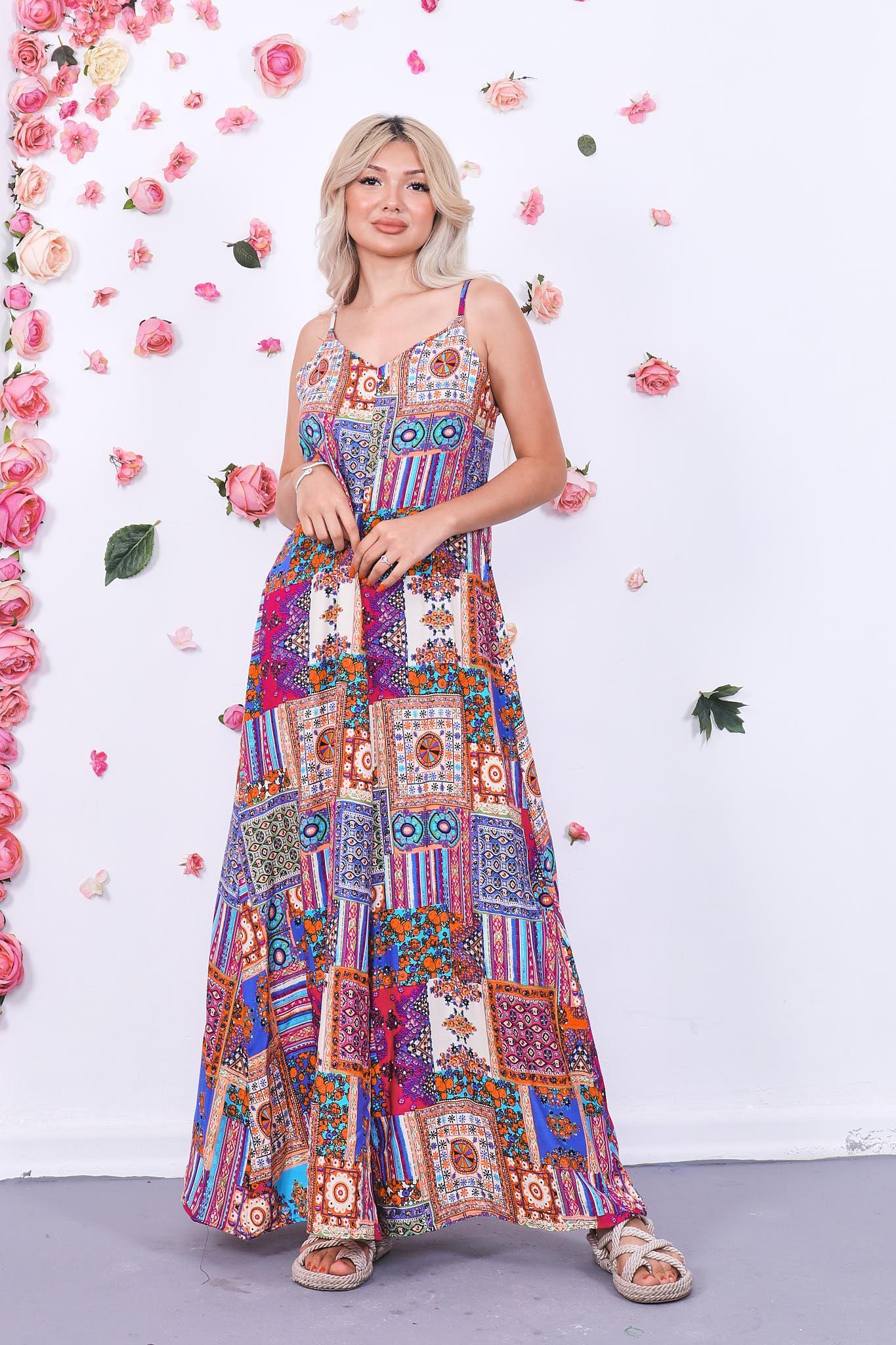 Patchwork Desen Askılı Elbise
