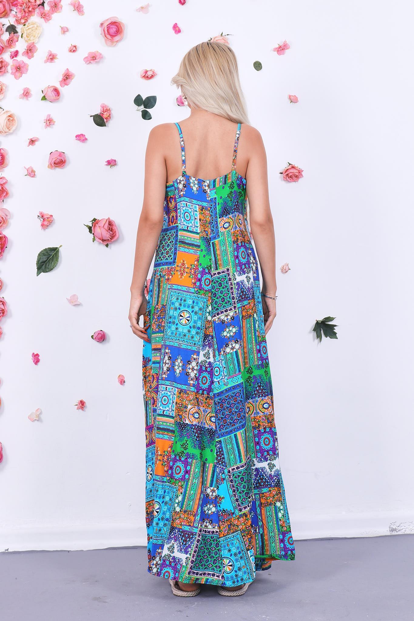 Patchwork Desen Askılı Elbise