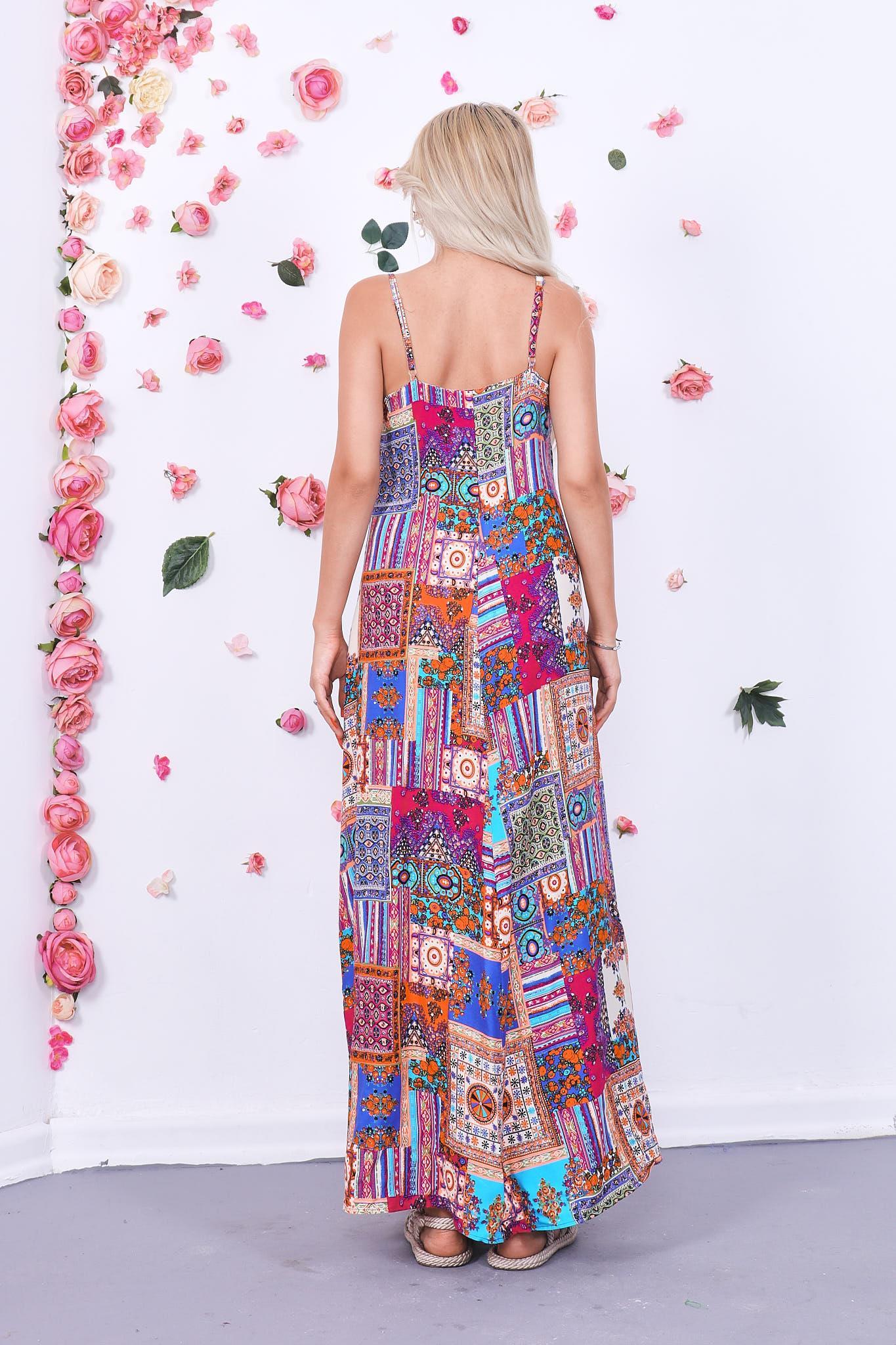 Patchwork Desen Askılı Elbise