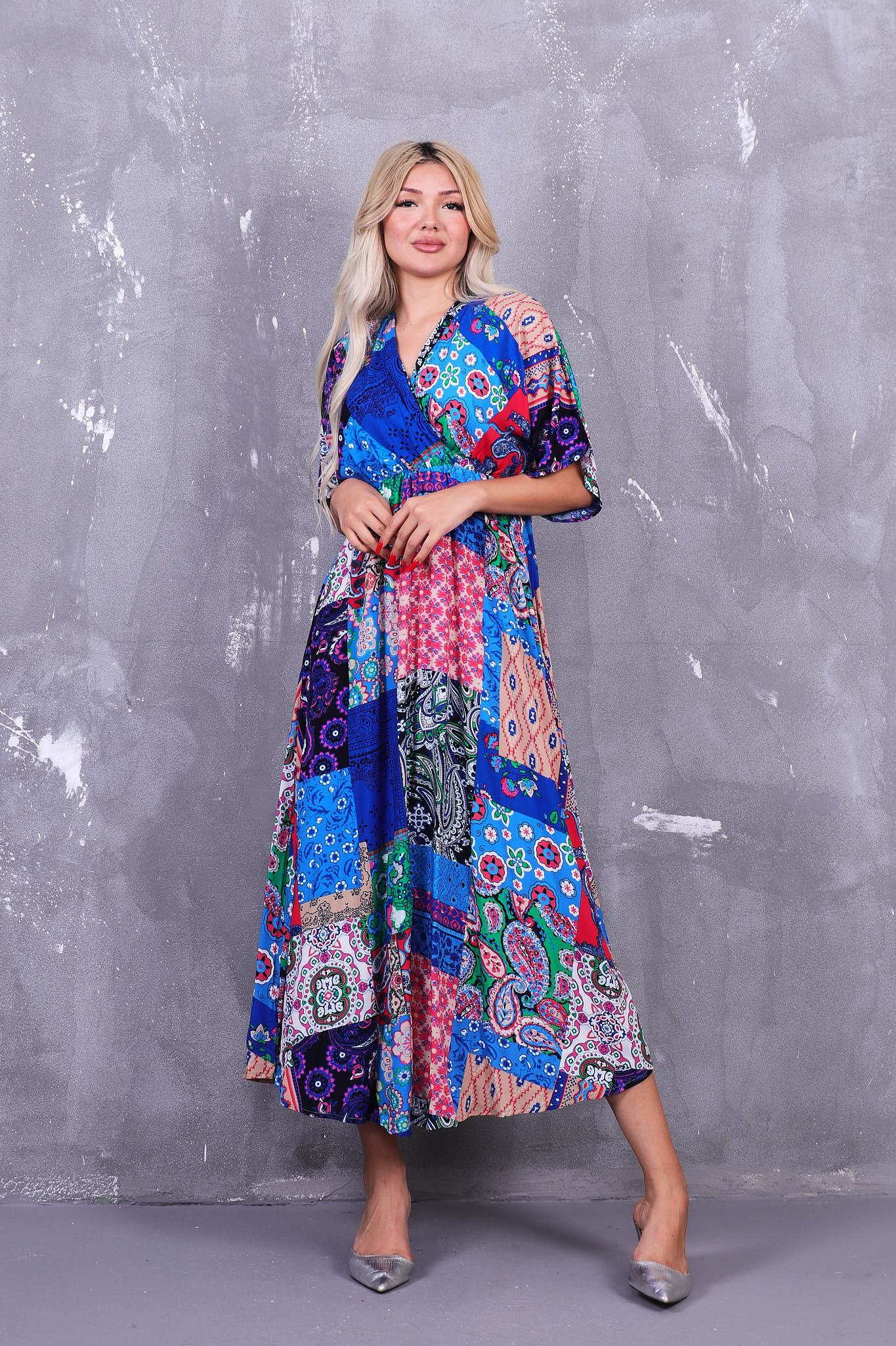 Patchwork Desen Beli Lastikli Elbise