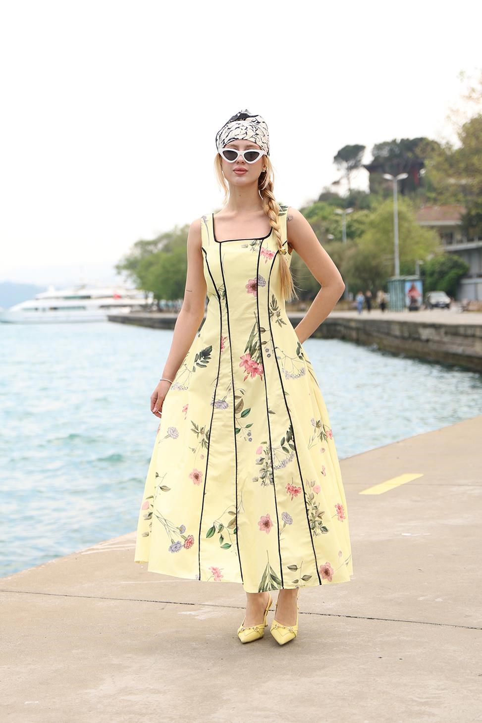 Şerit Detaylı Çiçek Desenli Poplin Kumaş Sarı Elbise
