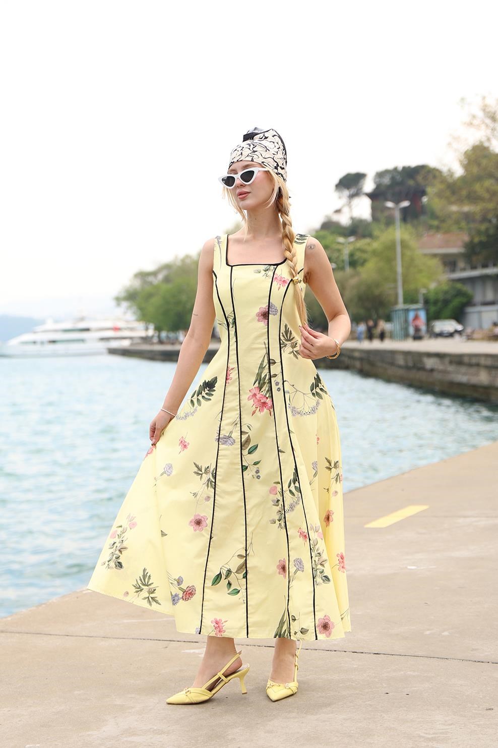 Şerit Detaylı Çiçek Desenli Poplin Kumaş Sarı Elbise