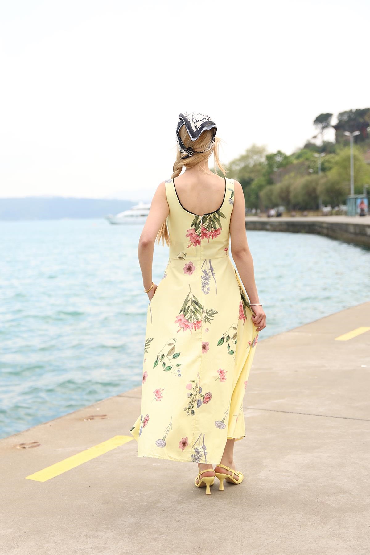 Şerit Detaylı Çiçek Desenli Poplin Kumaş Sarı Elbise