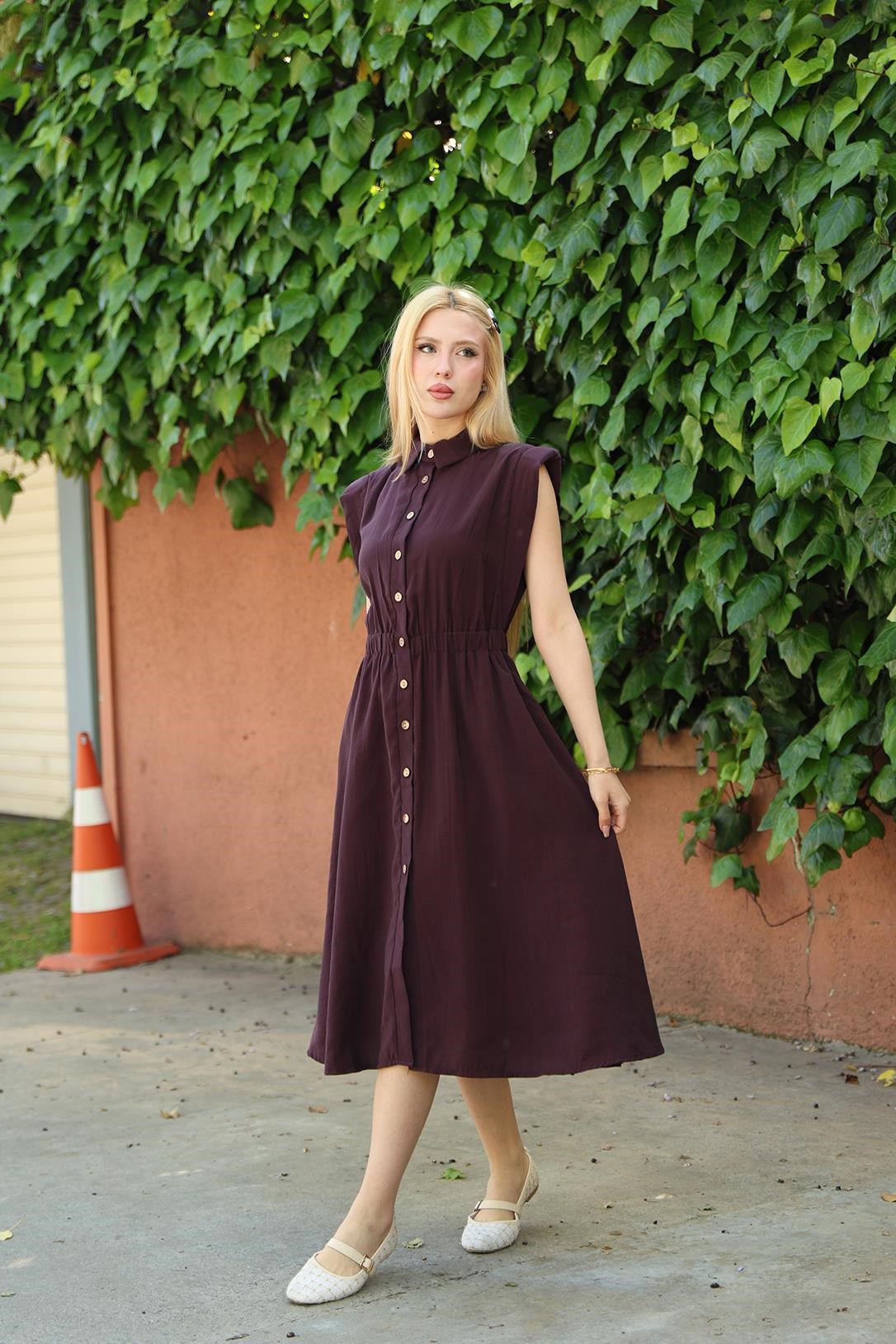 Vatkalı Beli Lastikli Tencel Mürdüm Rengi Elbise