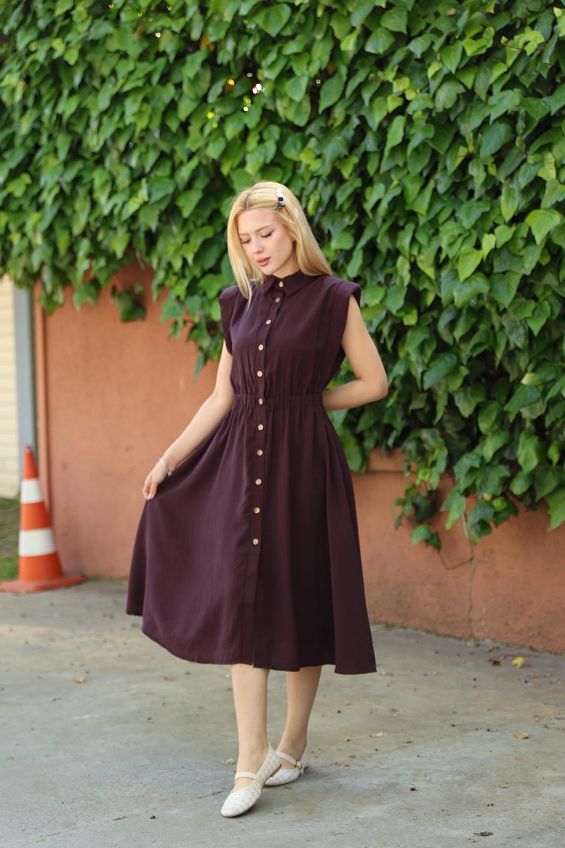 Vatkalı Beli Lastikli Tencel Mürdüm Rengi Elbise