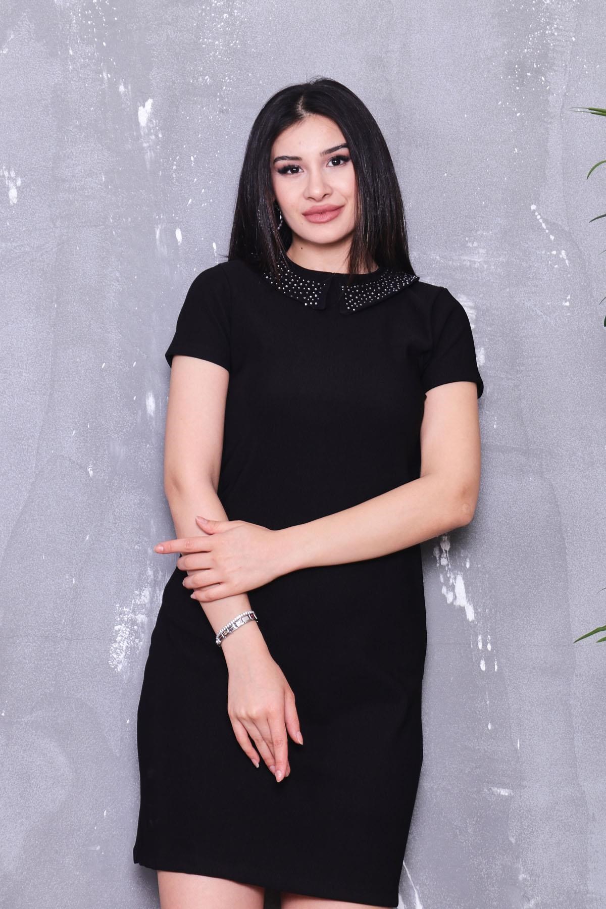 Yakası Taşlı Likralı Basıc Elbise