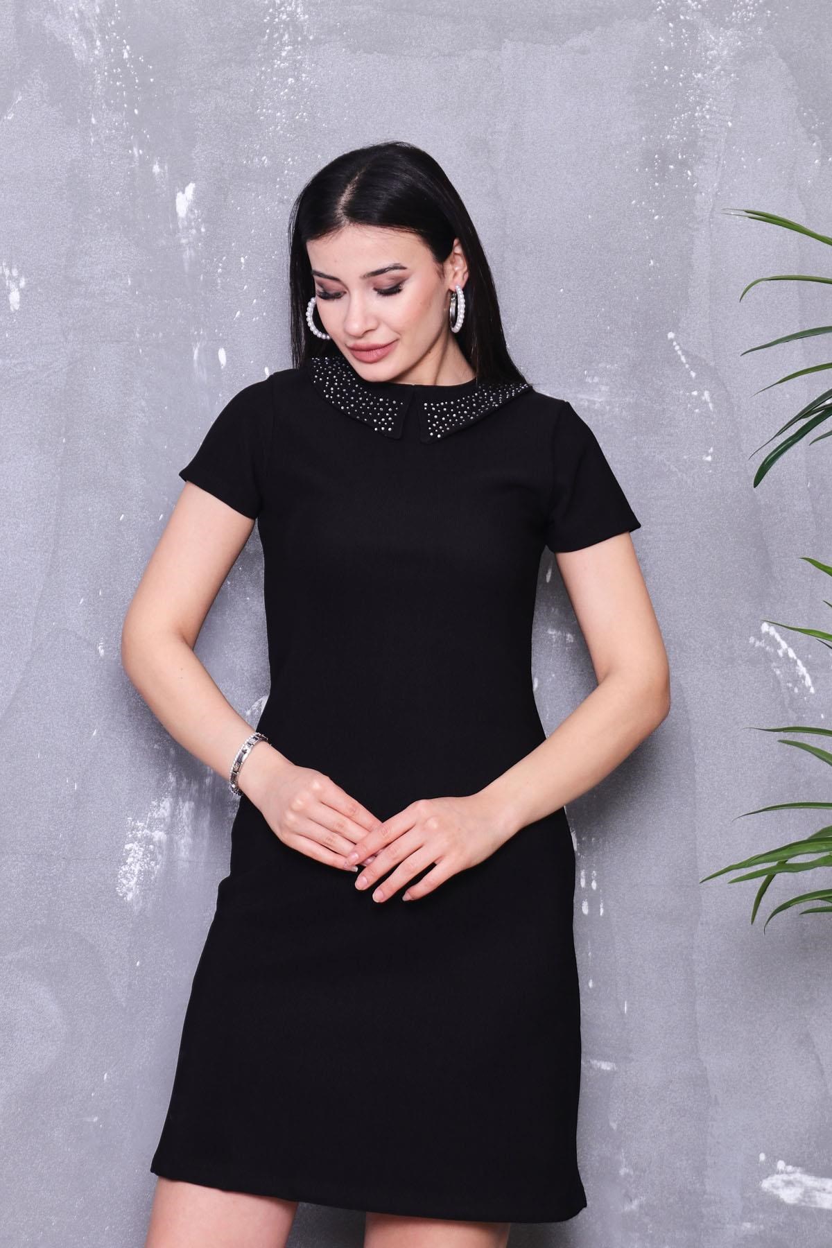 Yakası Taşlı Likralı Basıc Elbise