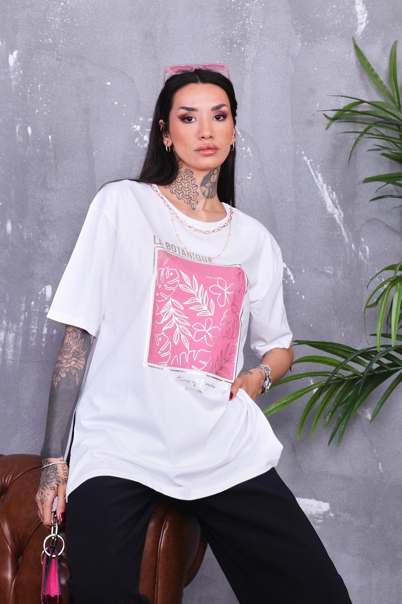 Zincir Detaylı Yanları Yırtmaçlı Oversize Tshirt