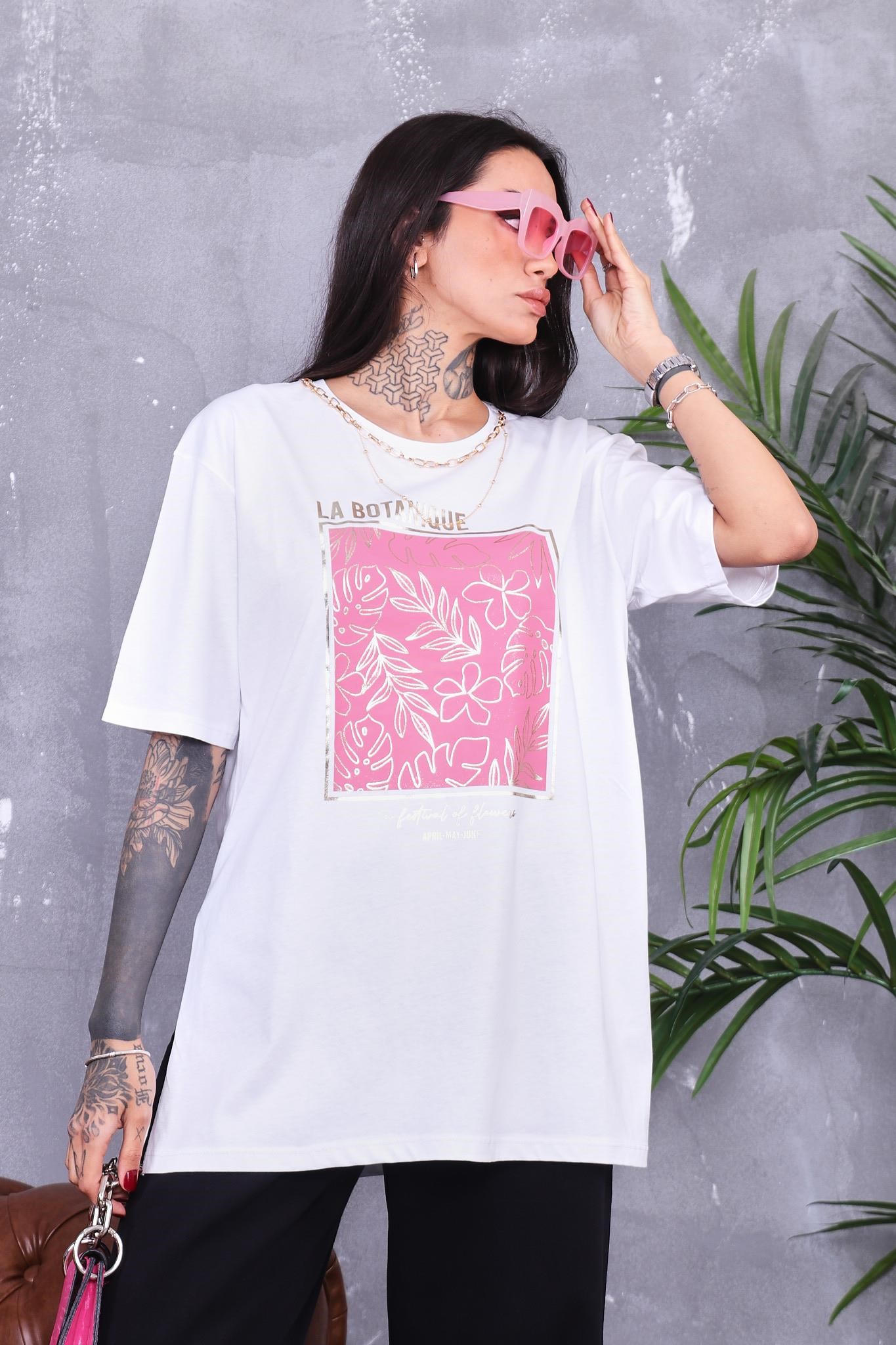Zincir Detaylı Yanları Yırtmaçlı Oversize Tshirt