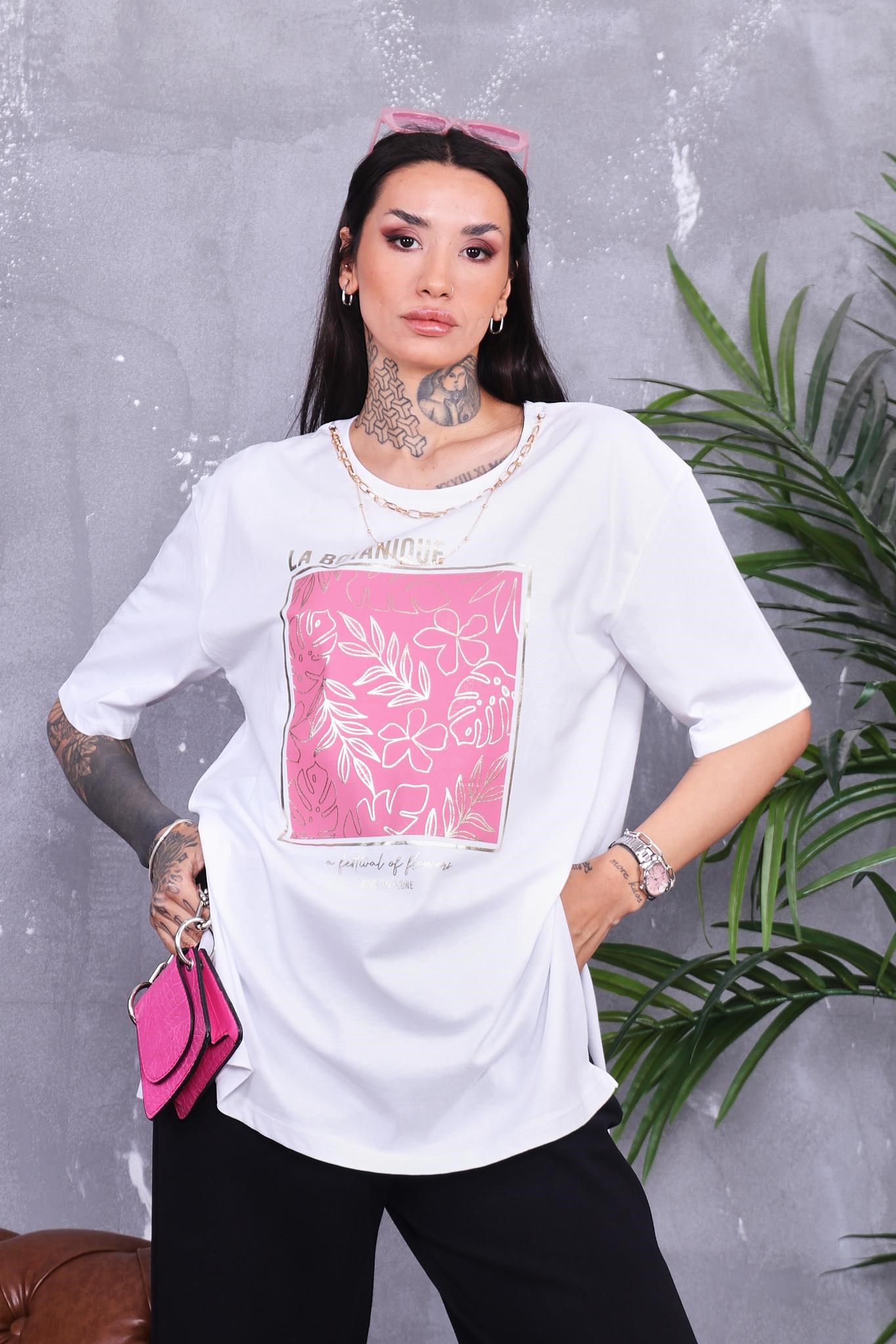 Zincir Detaylı Yanları Yırtmaçlı Oversize Tshirt