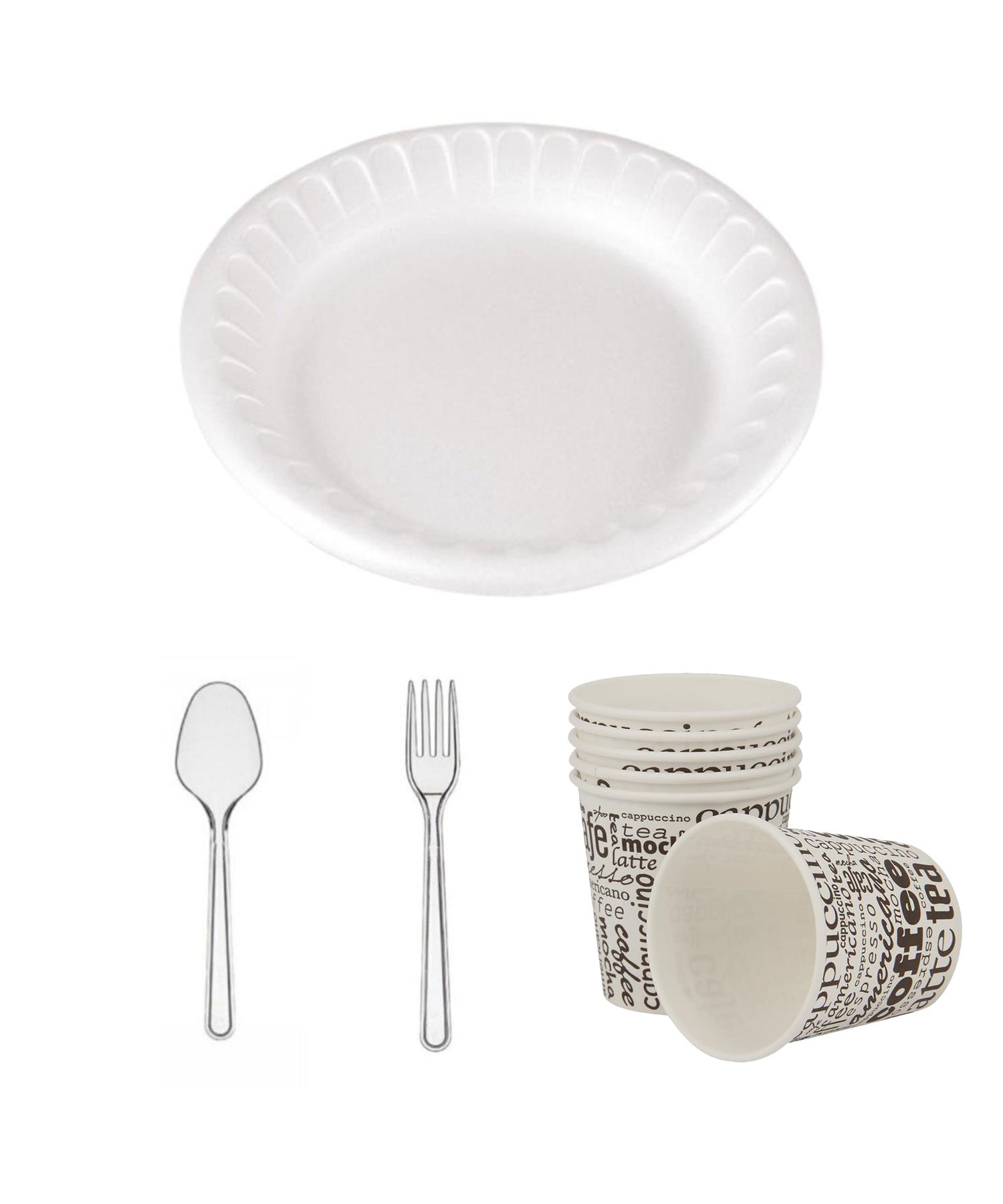 TEZYOLLA Yuvarlak Köpük Tabak + Karton Bardak + Kaşık + Çatal  4 Lü SET 25 Adet