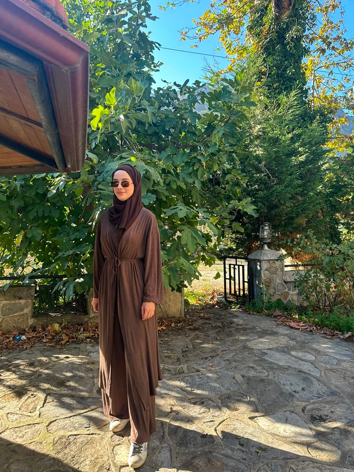 Kadın Kahve Melanj 3'lü Kimono Takım