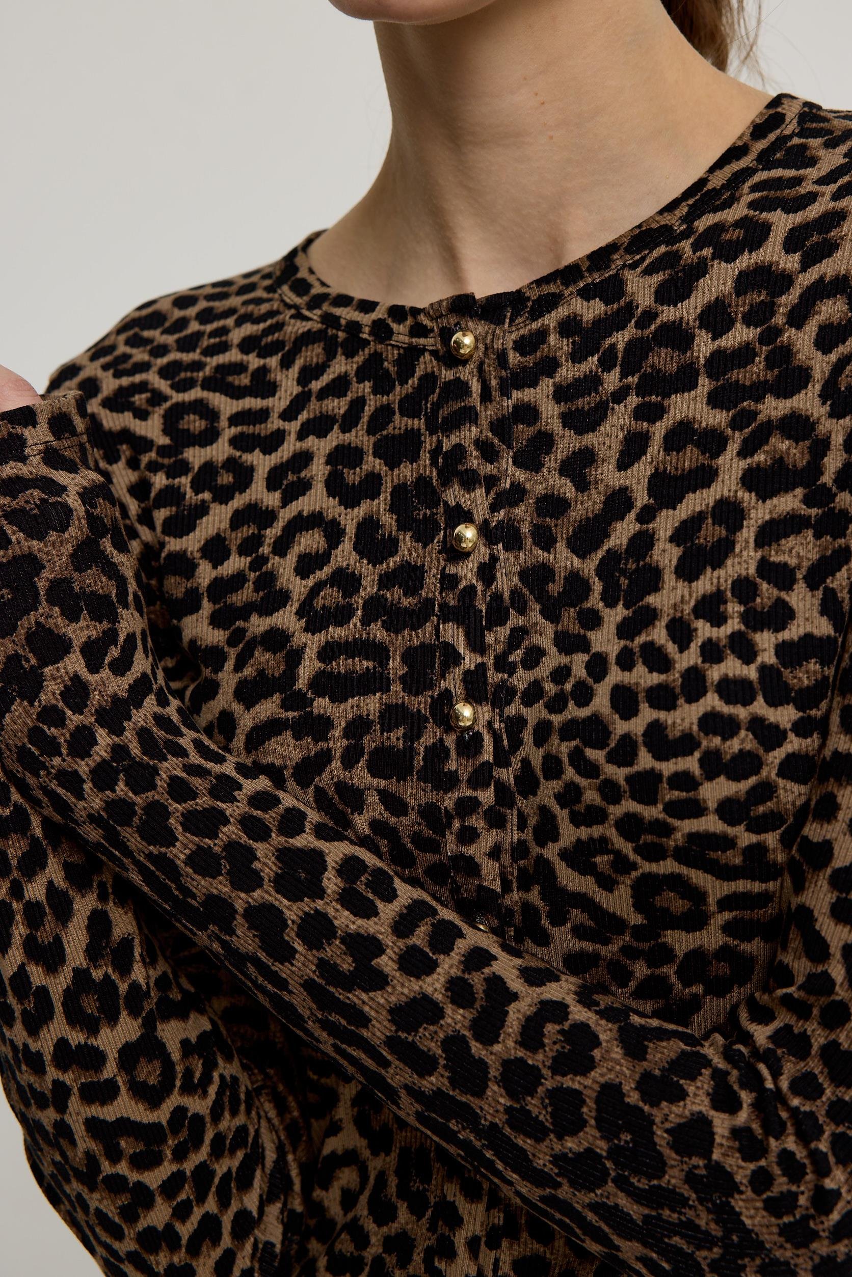 Kadın Leopar Desen Gold Düğmeli Crop Hırka