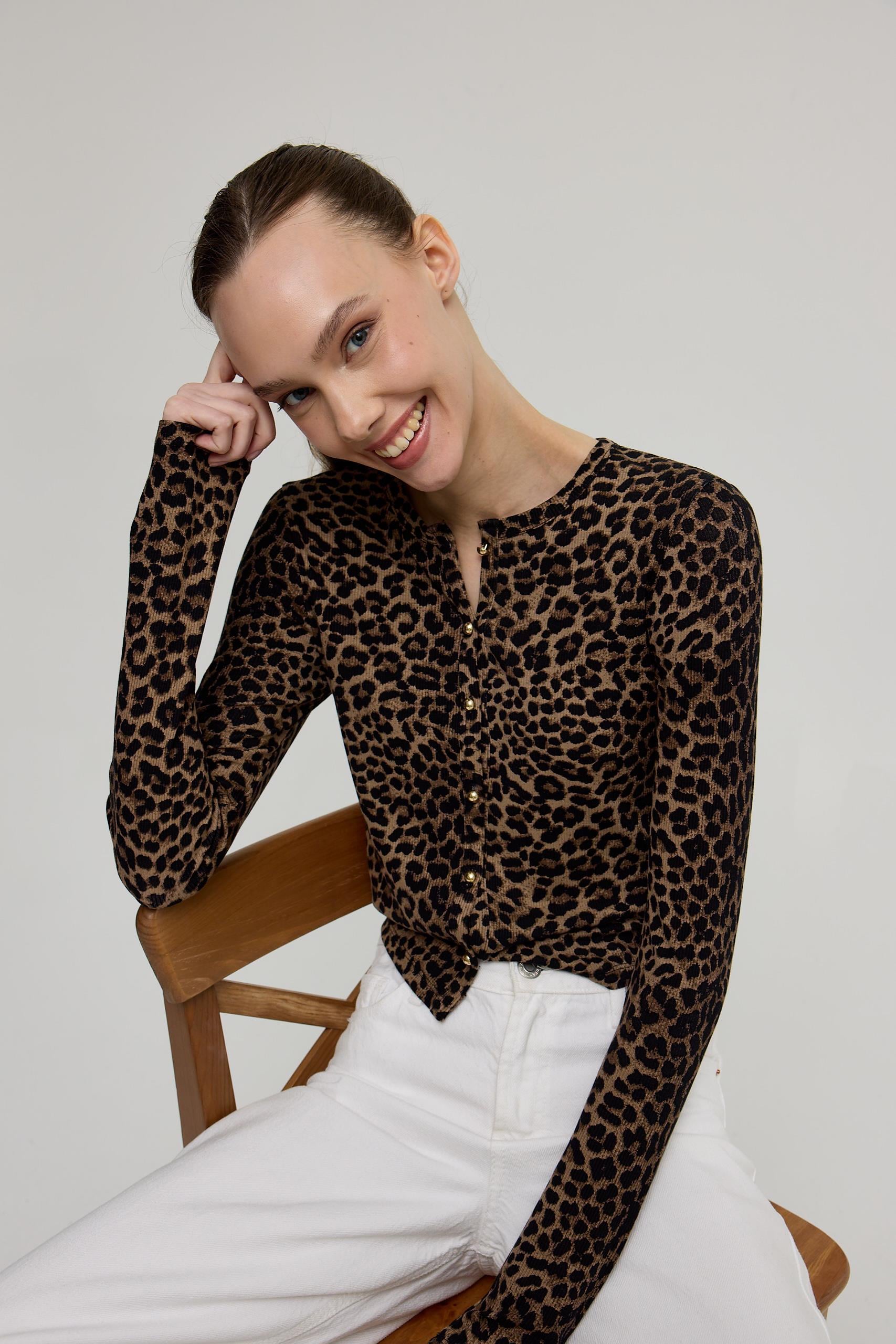 Kadın Leopar Desen Gold Düğmeli Crop Hırka