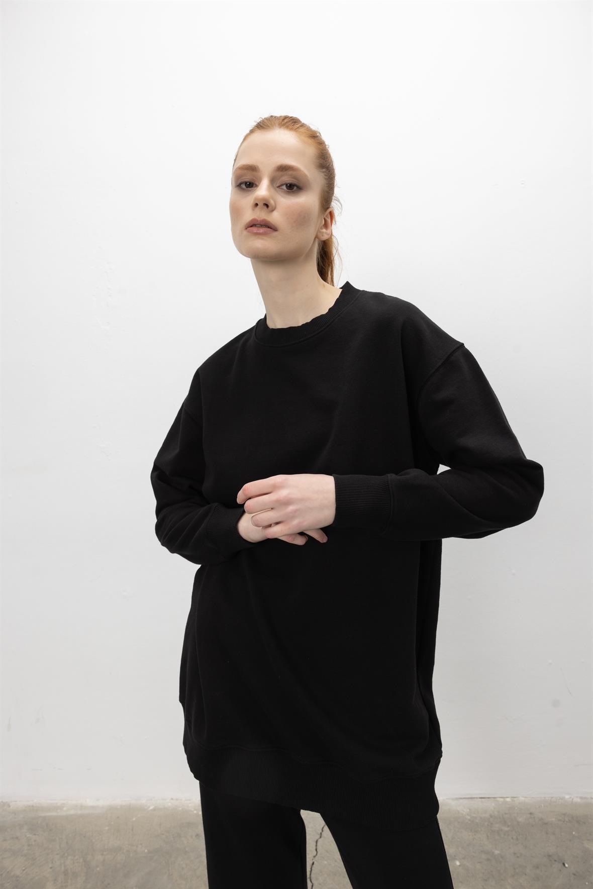 Oversize Basic 3 İplik Diagonel Kumaş Şardonsuz Uzun Sweatshirt