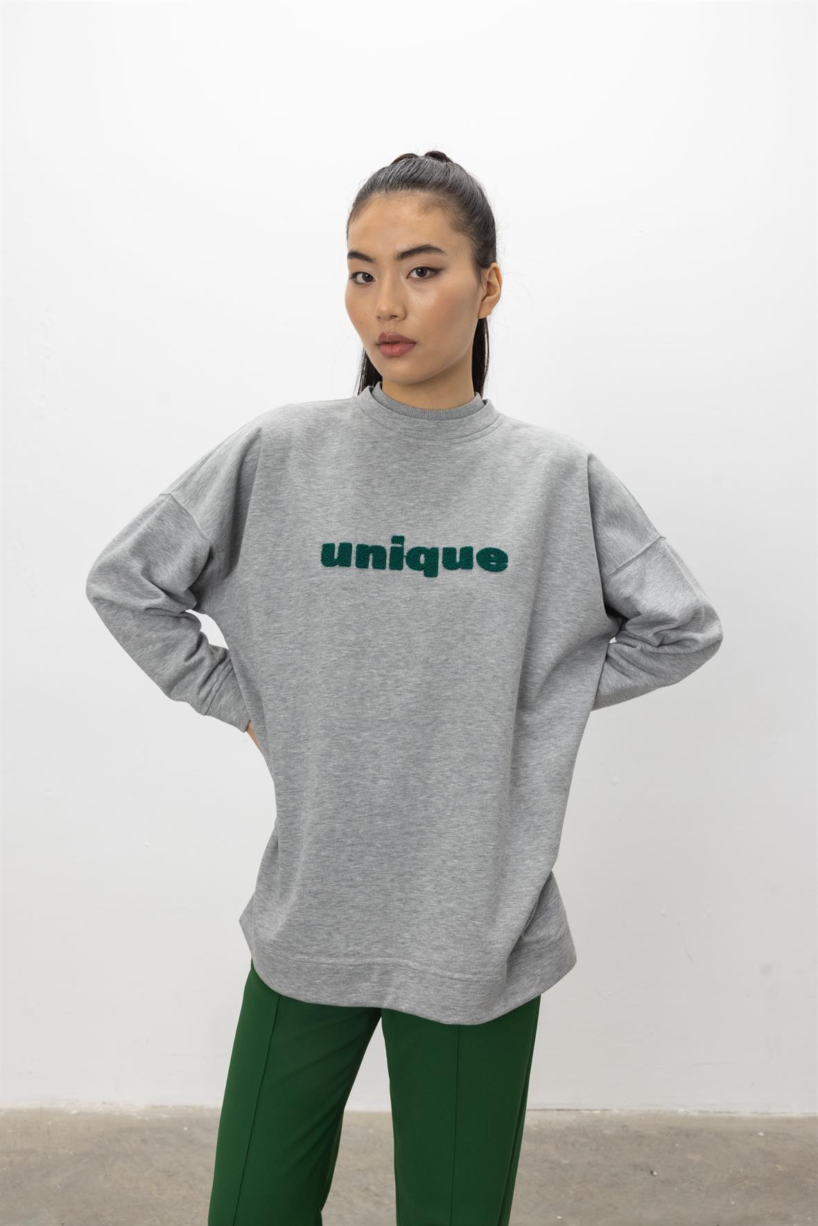 Unique Nakış İşlemeli Gri Melanj Sweatshirt