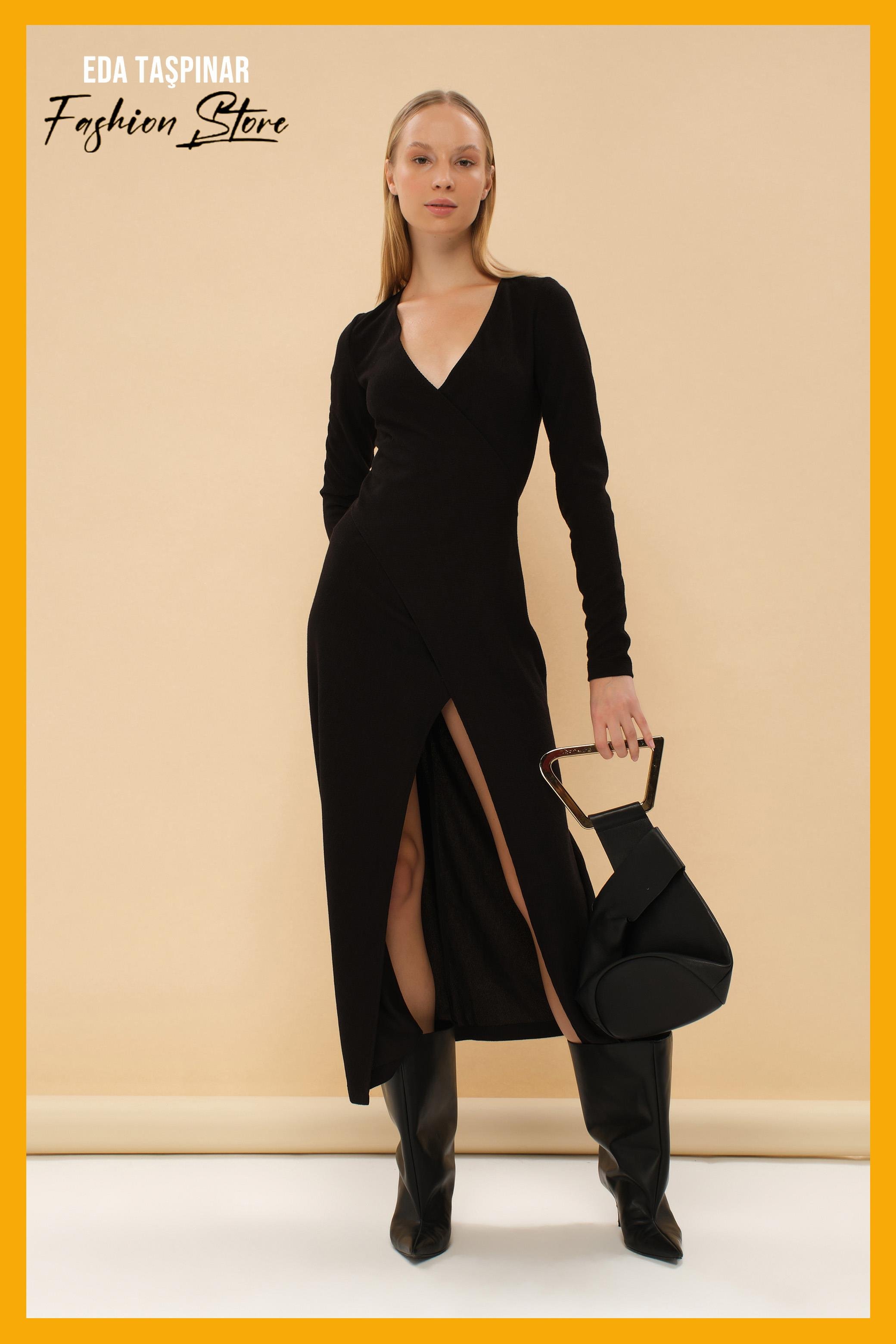 Anvelop Yaka Yırtmaçlı Pamuk Dokuma Elbise 