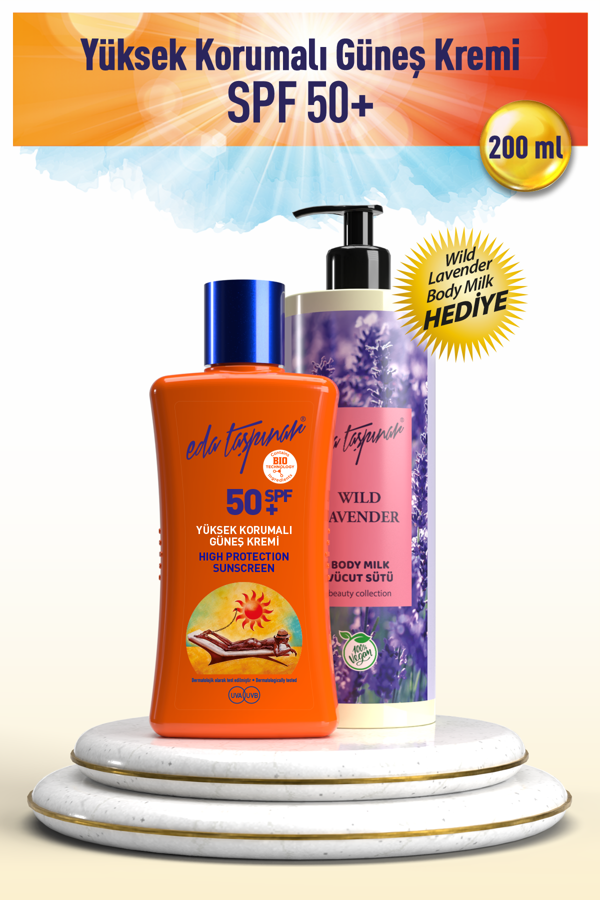 Yüksek Korumalı Güneş Kremi SPF50+ 200ml YANINDA HEDİYE - Lavanta Body Milk 400ml