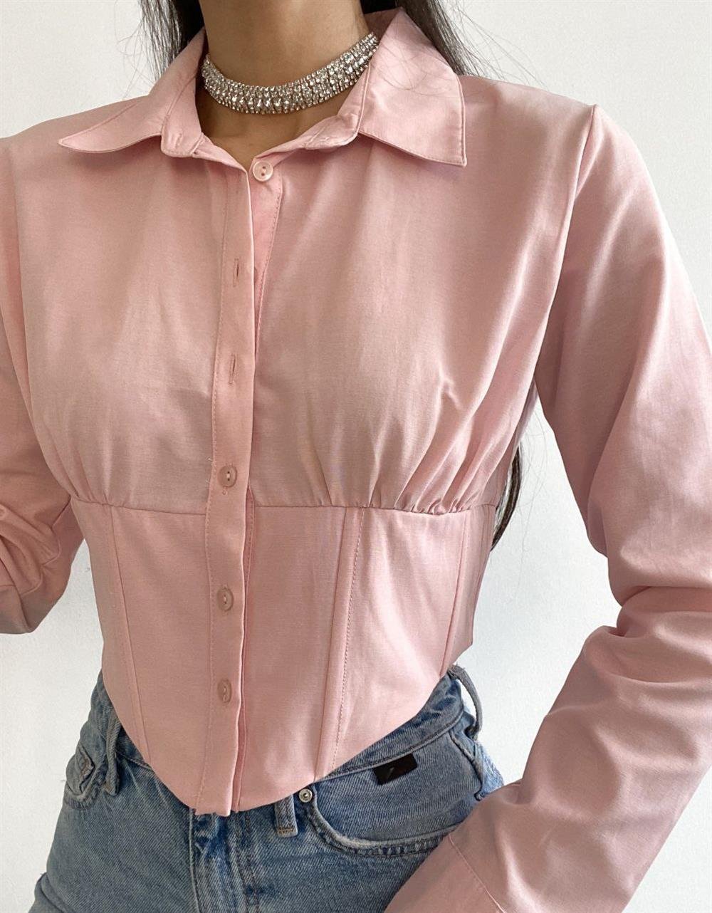 Crop Gömlek Fit Dar Kesim Beli Lastikli