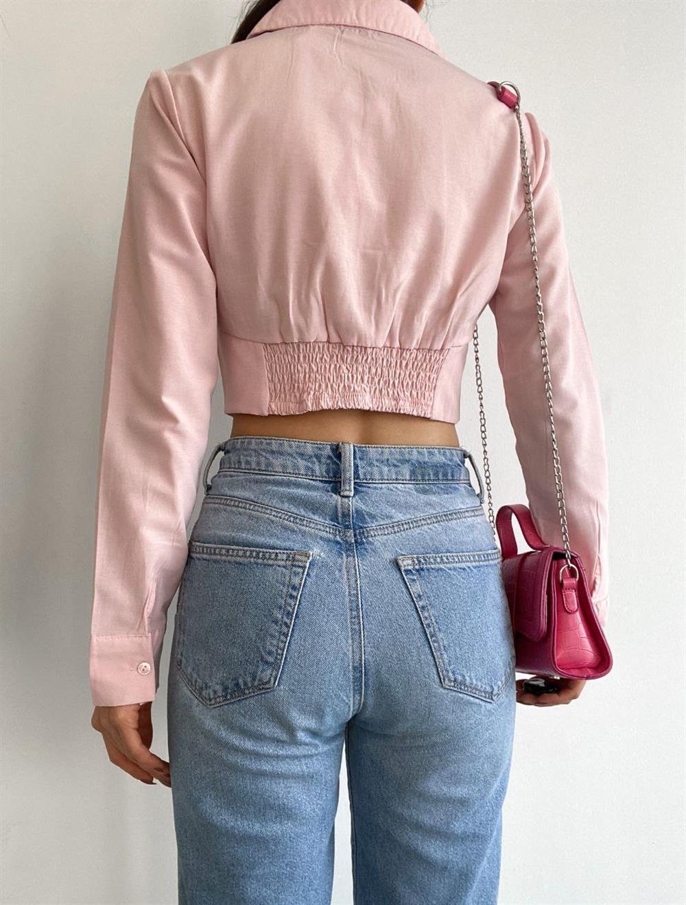 Crop Gömlek Fit Dar Kesim Beli Lastikli