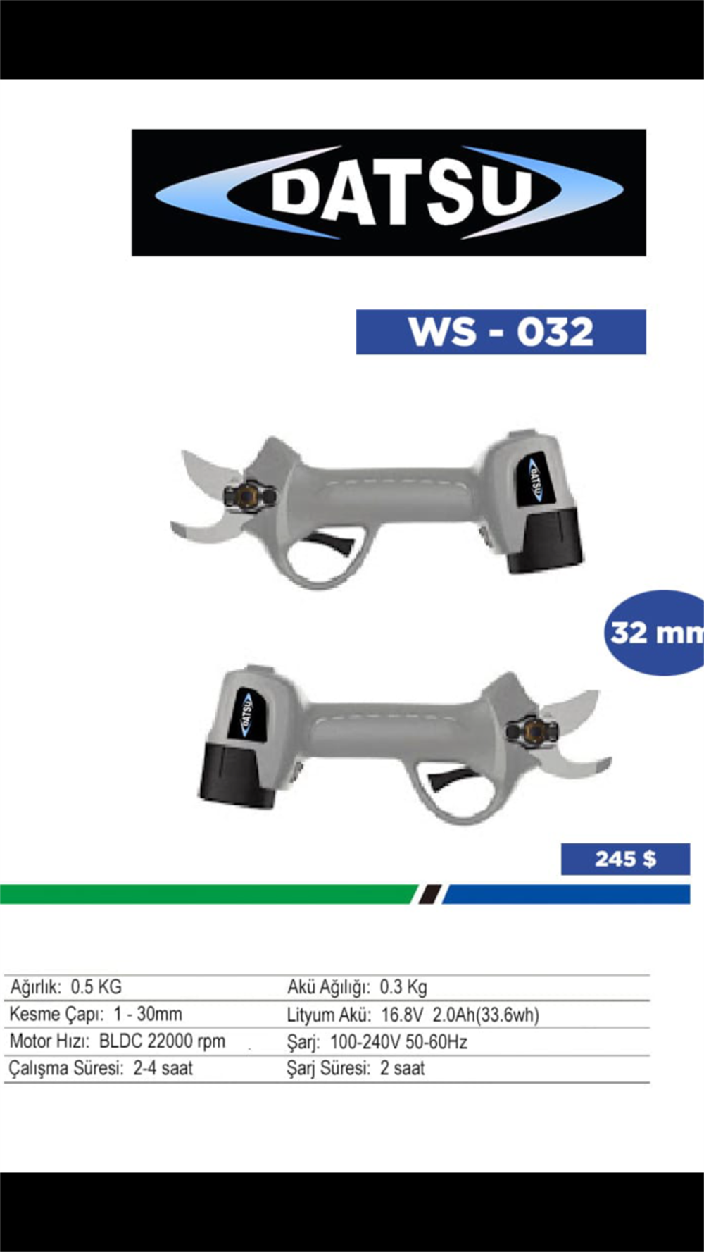 Datsu WS-032 Akülü Budama Makası 32 mm. 16.8v-2.6a