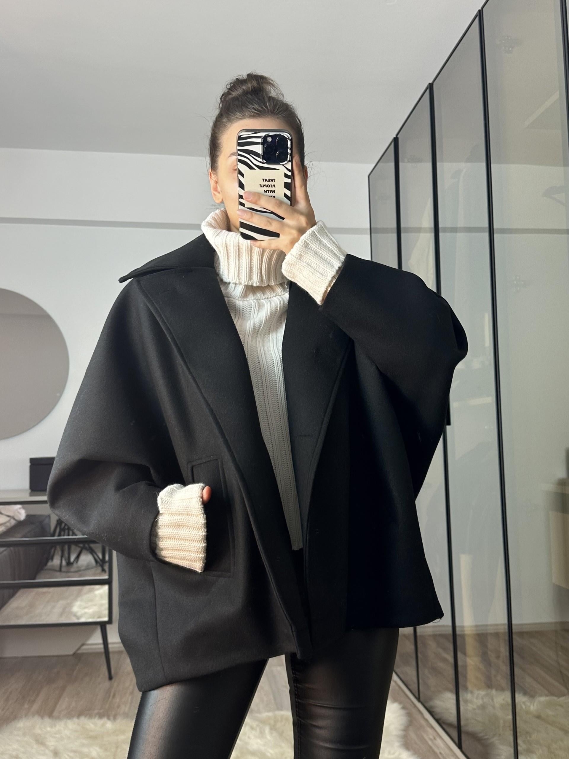 Annabel Siyah Oversize Kaşe Kaban