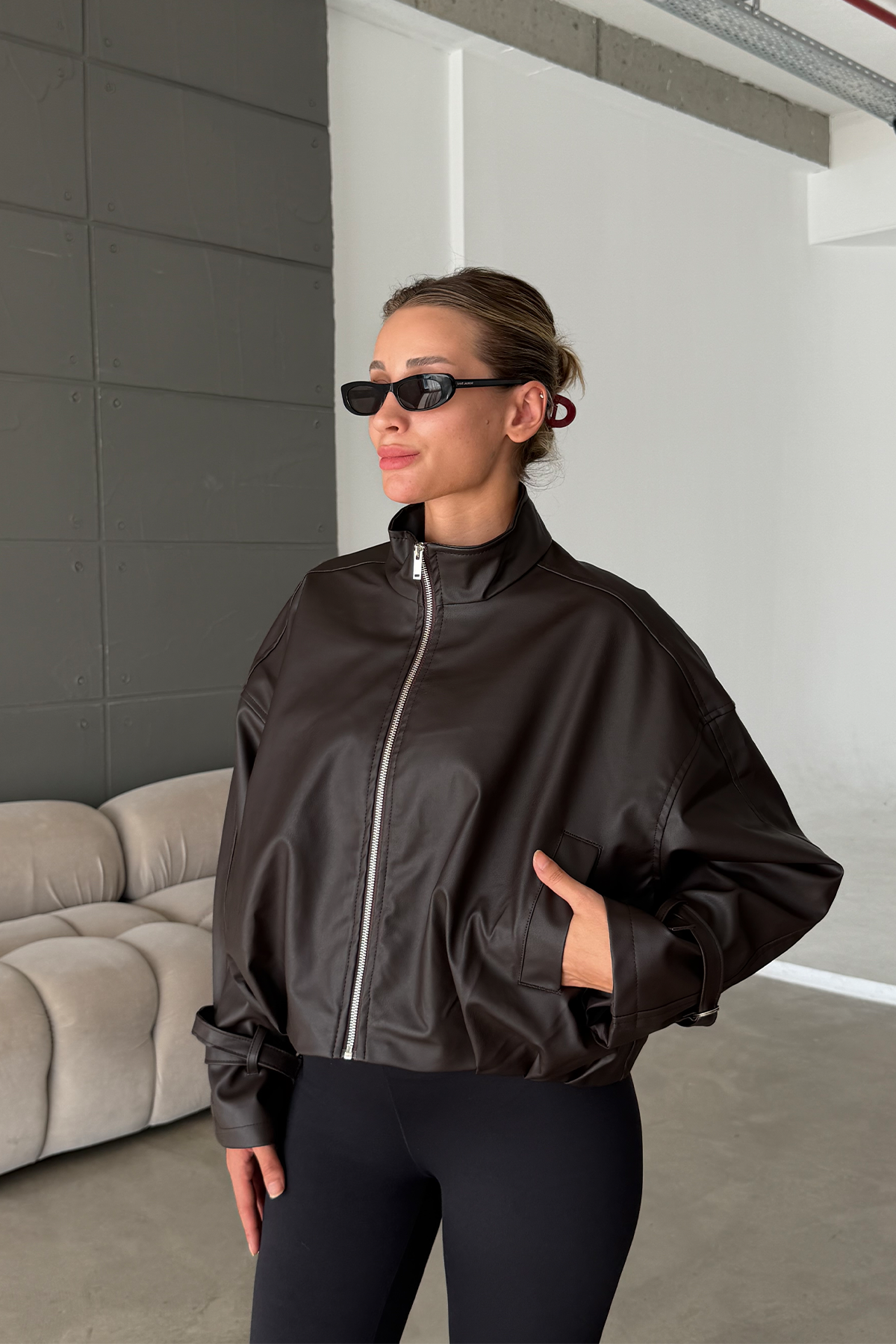 Aurora Acı Kahve Dik Yaka Deri Ceket