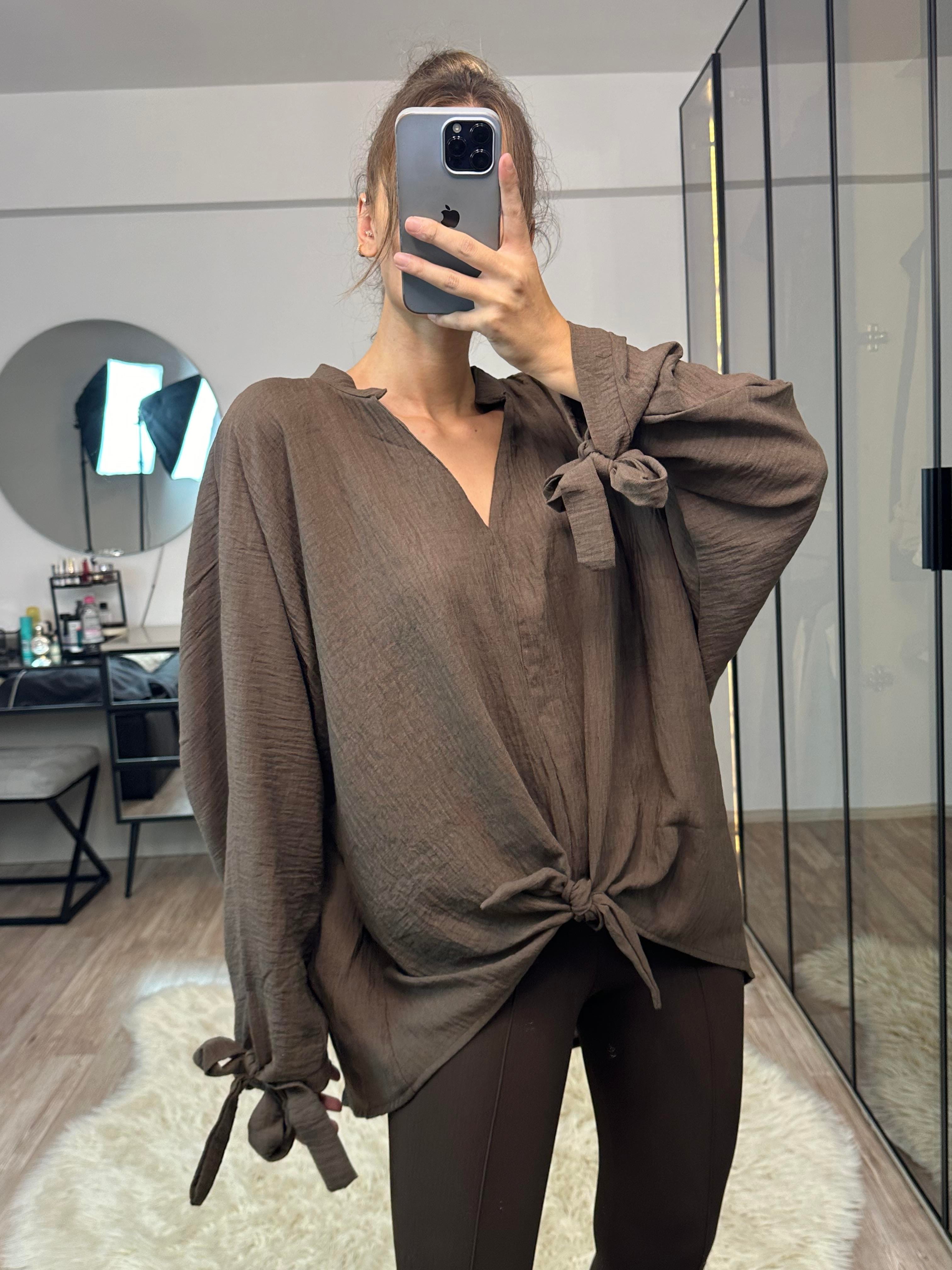 Bethany Kahve Hakim Yaka Önü Bağlamalı Bluz