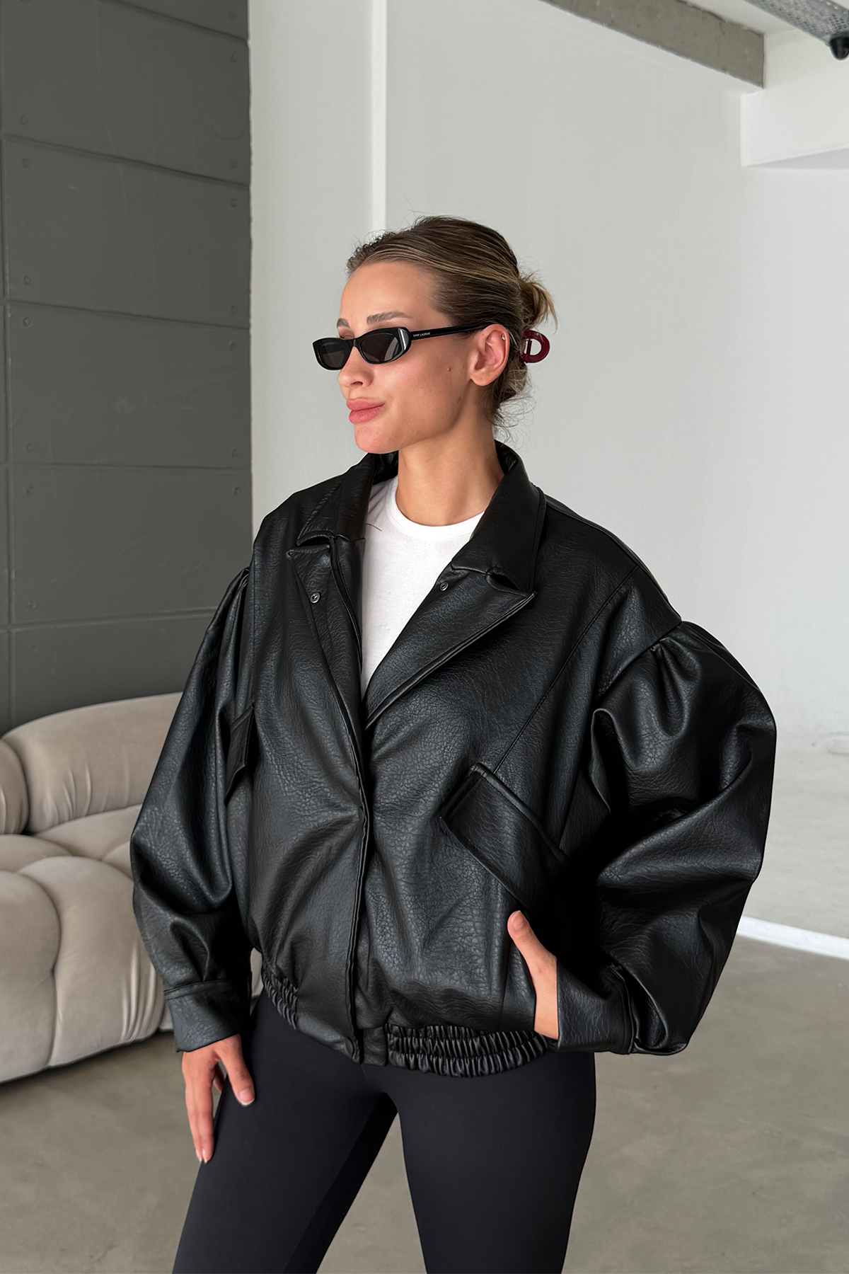 Carey Siyah Cep Detaylı Oversize Deri Ceket