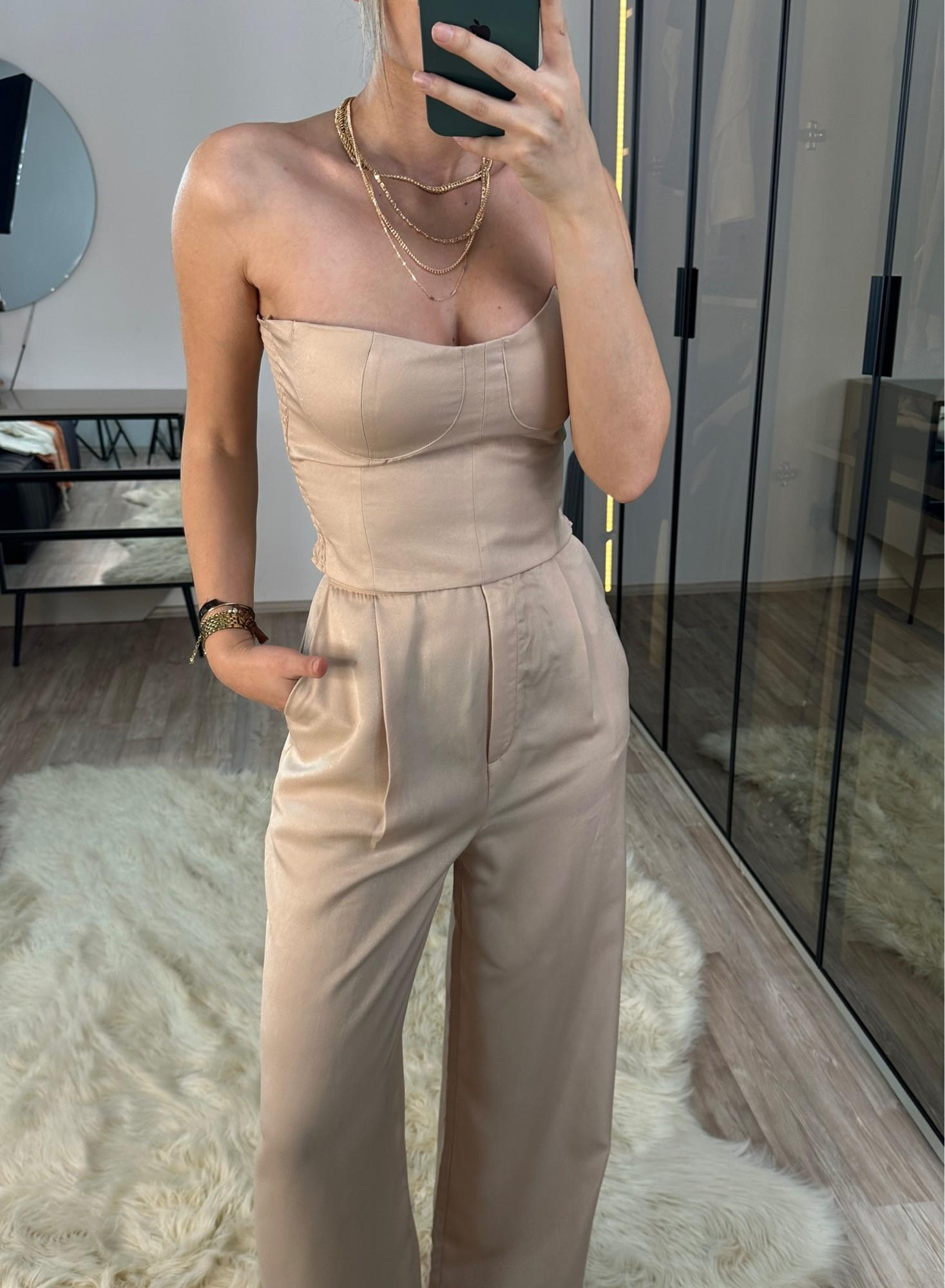 Elegante Vizon Saten Straplez Bustiyer Pantolon Takım