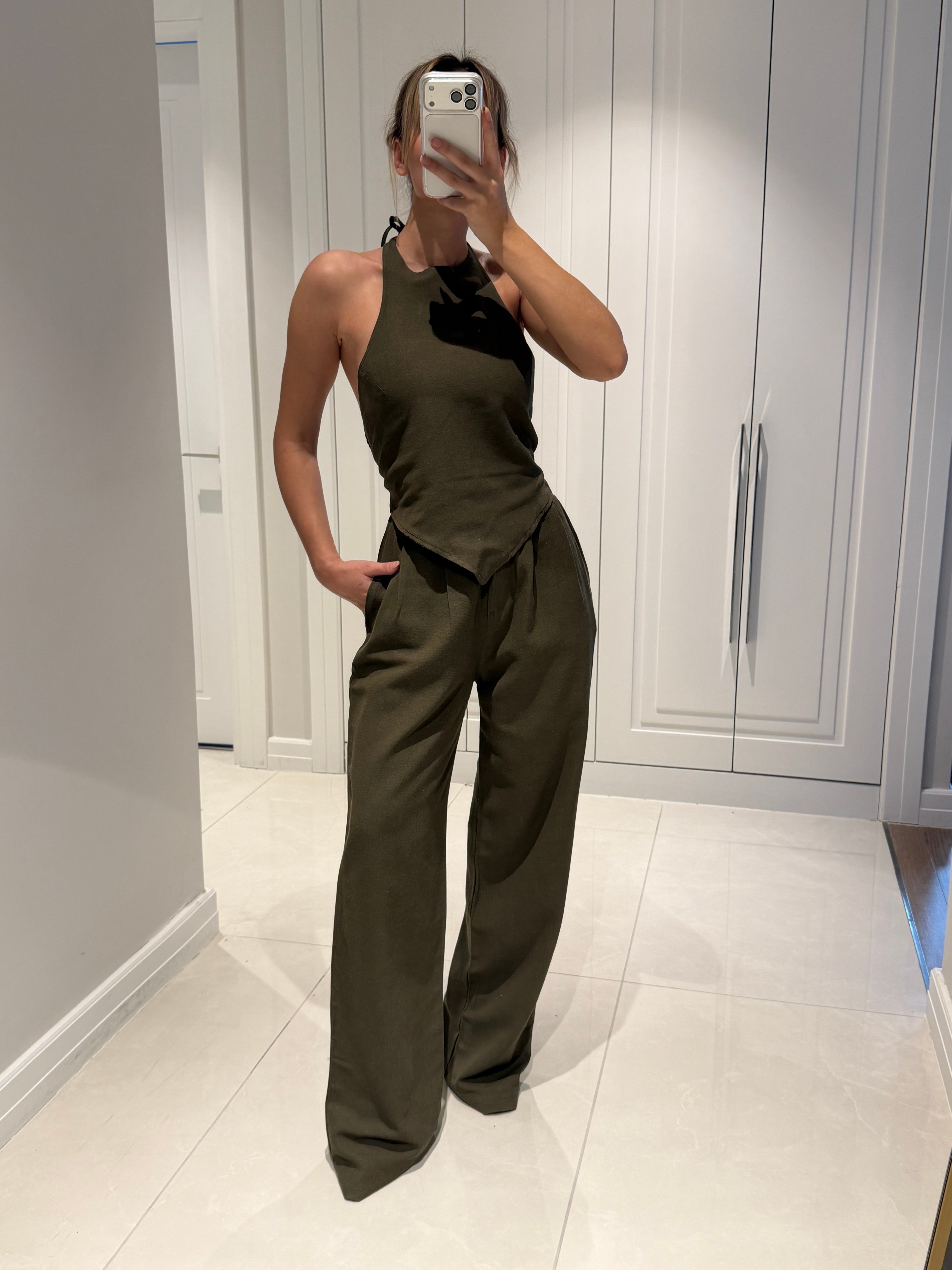 Emily Haki Bambu Keten Asimetrik Halter Yaka Bluz Pantolon Takım