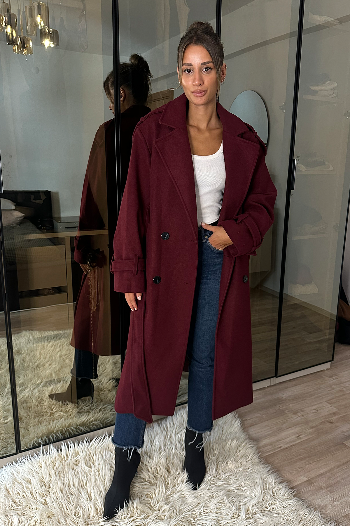 Laura Bordo Kuşaklı Kaşe Kaban