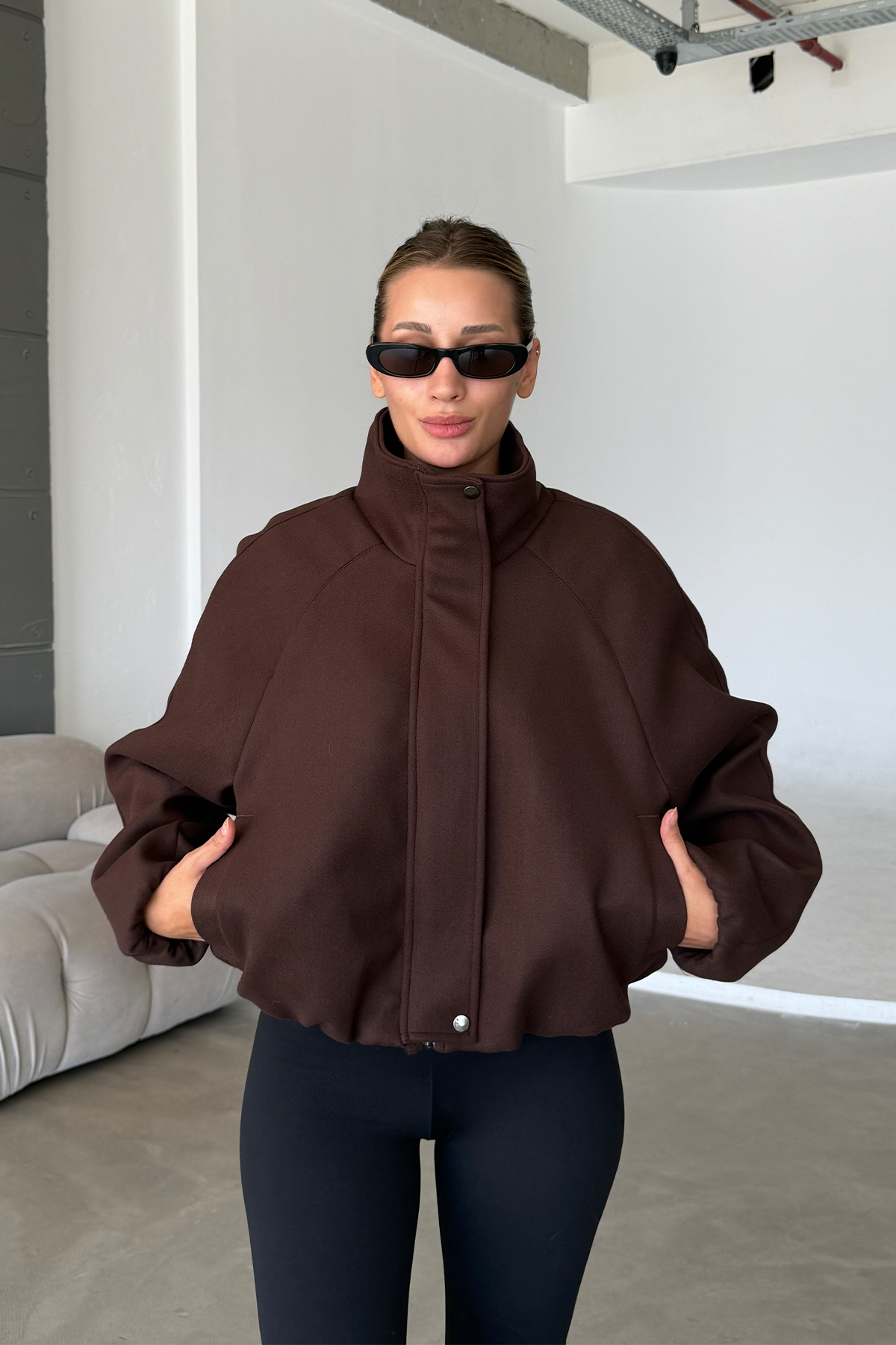 Lucie Acı Kahve Dik Yaka Oversize Kaşe Kaban