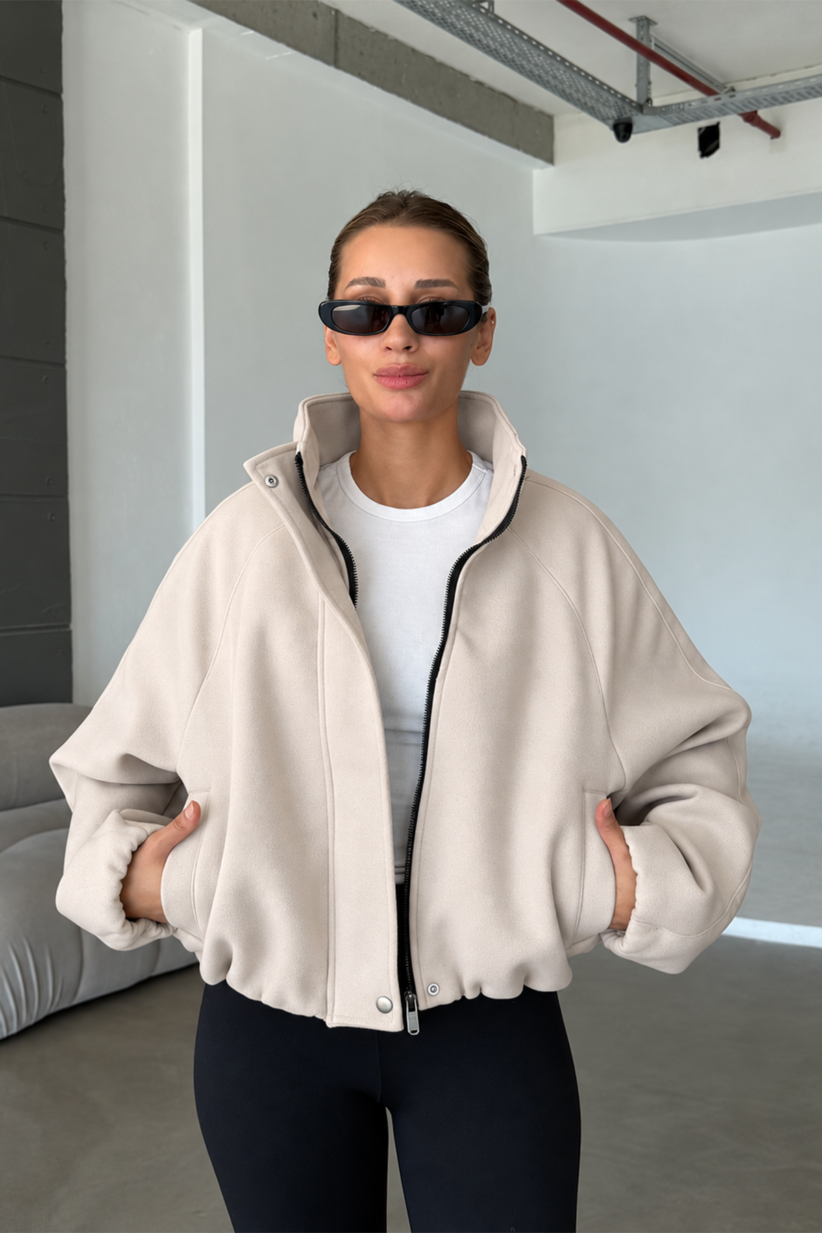 Lucie Bej Dik Yaka Oversize Kaşe Kaban