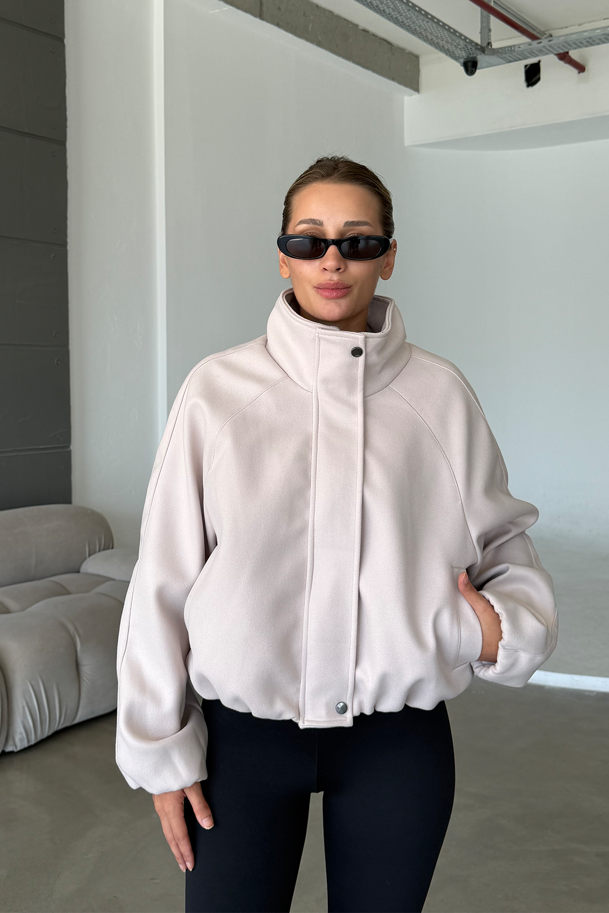 Lucie Ekru Dik Yaka Oversize Kaşe Kaban