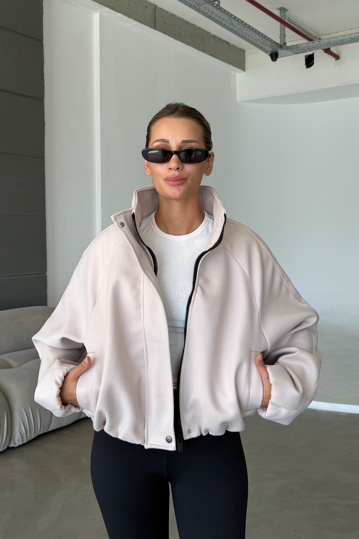 Lucie Ekru Dik Yaka Oversize Kaşe Kaban