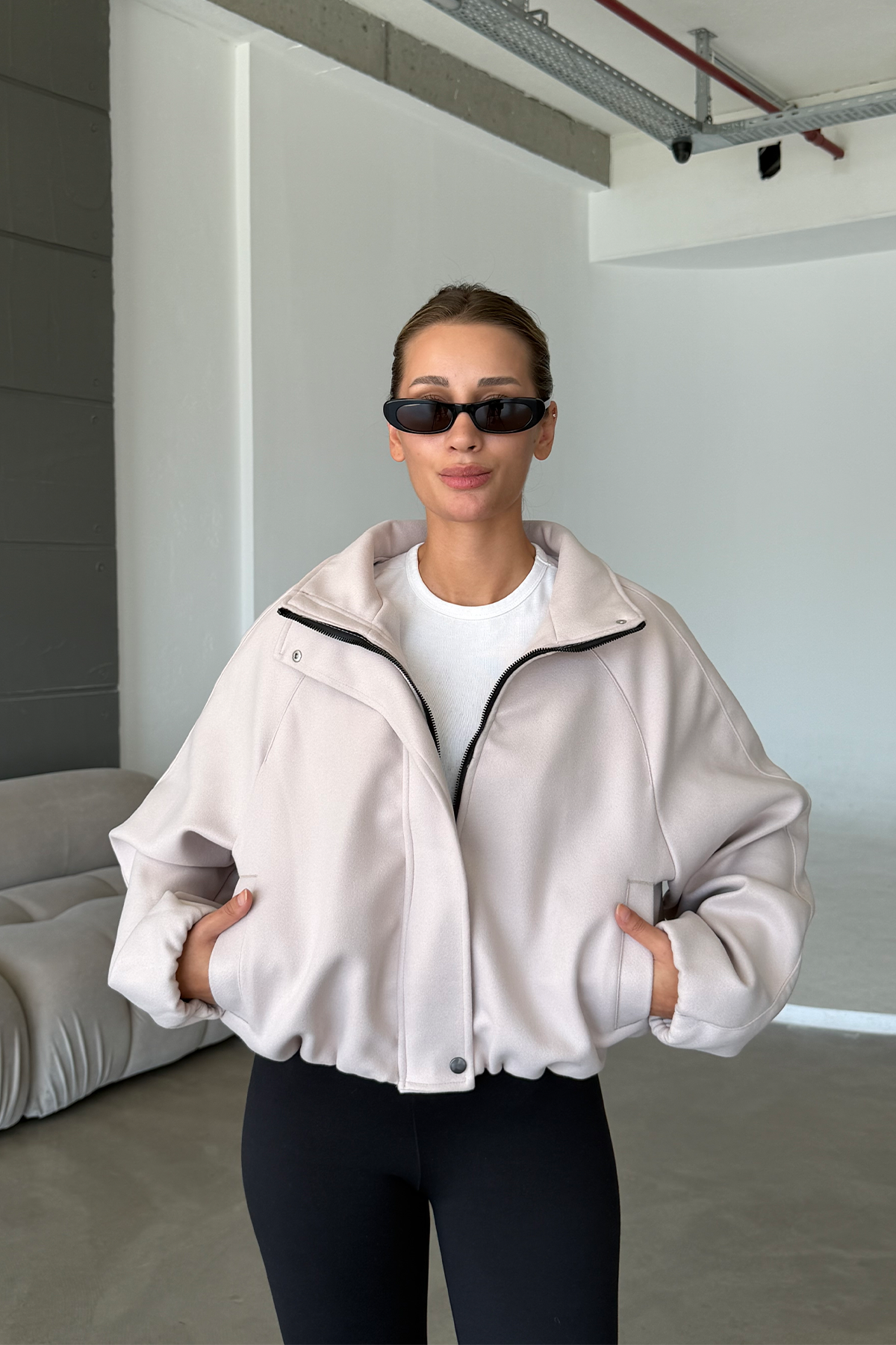 Lucie Ekru Dik Yaka Oversize Kaşe Kaban