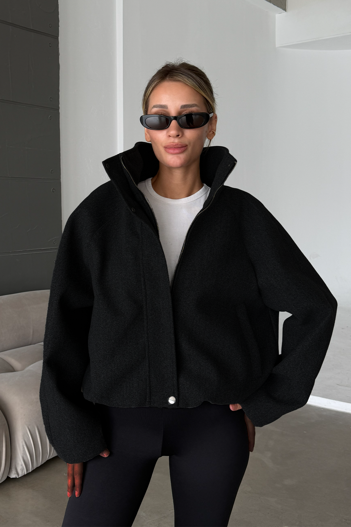 Lucie Siyah Dik Yaka Oversize Kaşe Kaban