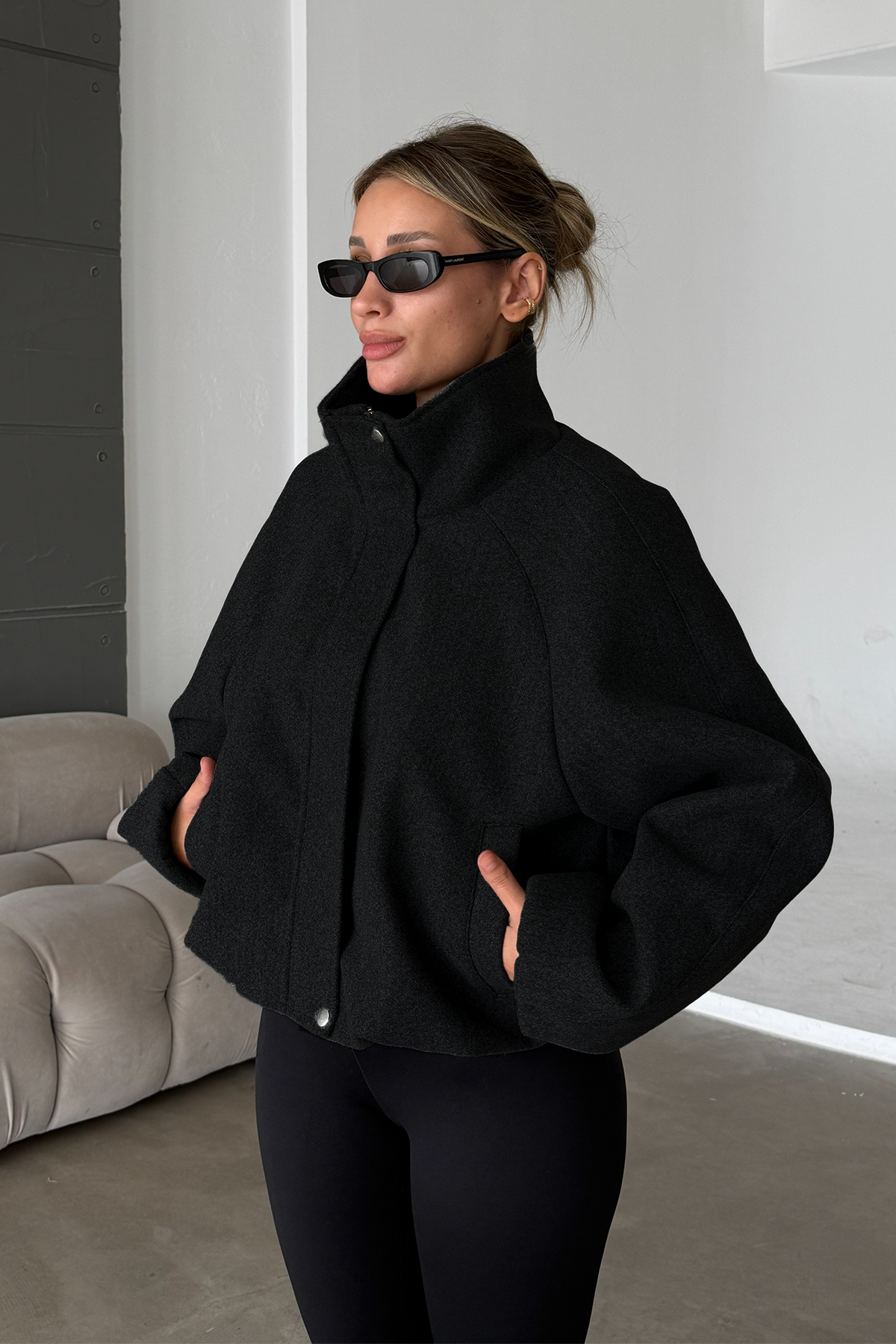 Lucie Siyah Dik Yaka Oversize Kaşe Kaban