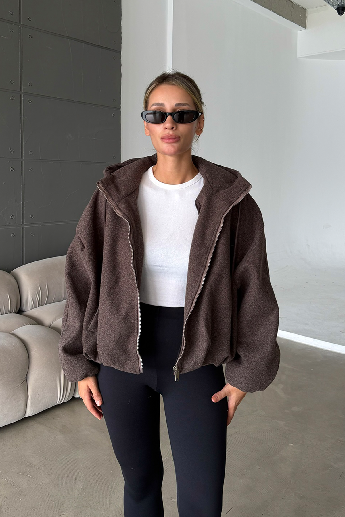 ZR Model Kapüşonlu Brown Bomber Kalıp Kaşe Kaban