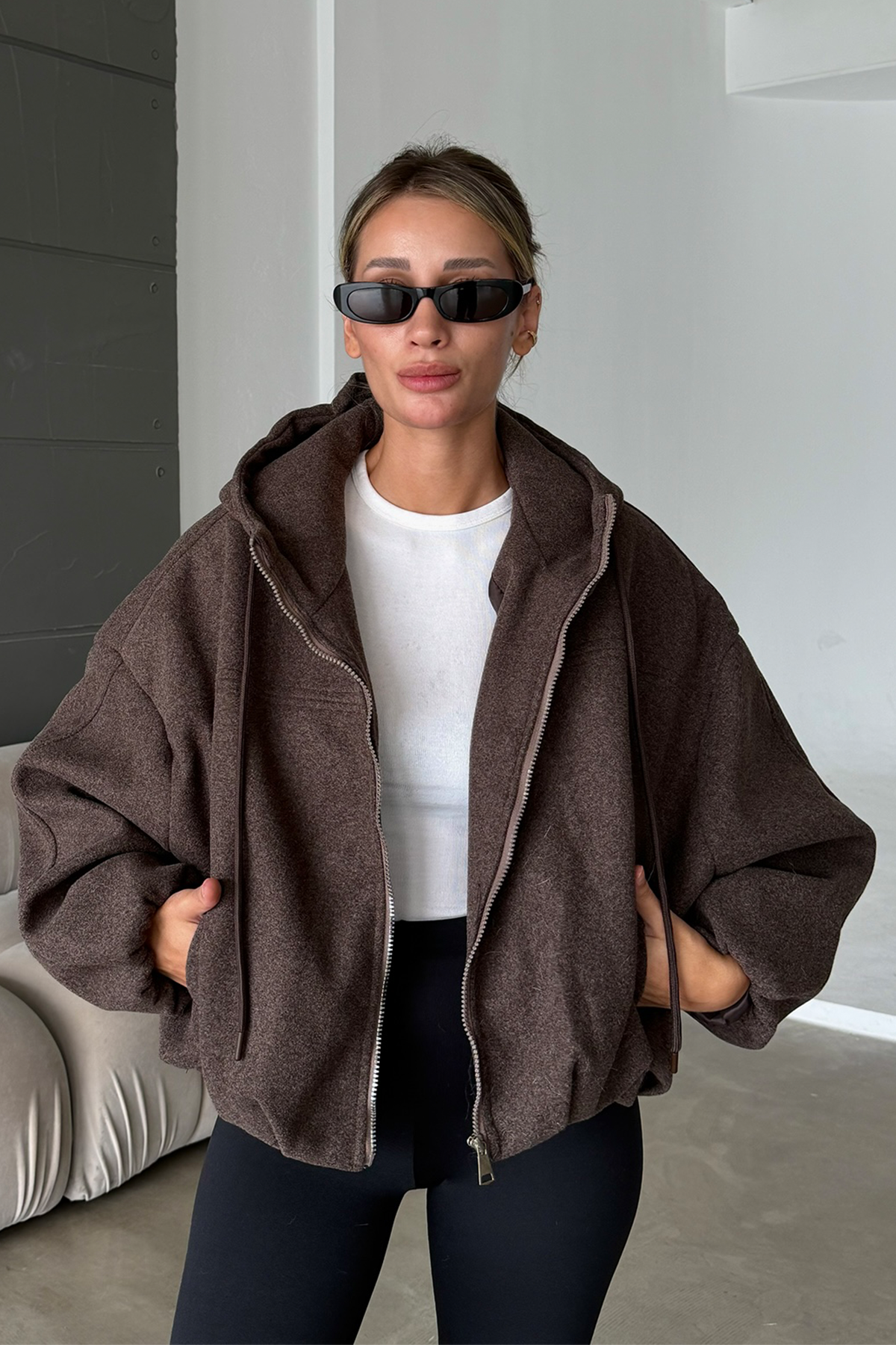 ZR Model Kapüşonlu Brown Bomber Kalıp Kaşe Kaban