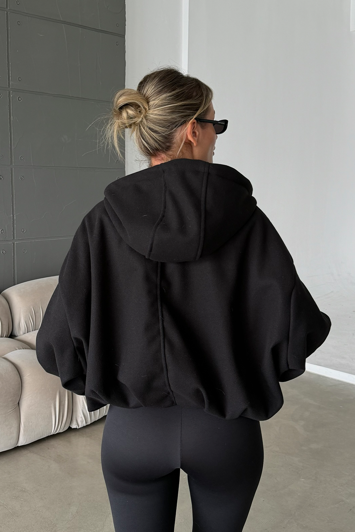 ZR Model Kapüşonlu Siyah Bomber Kalıp Kaşe Kaban